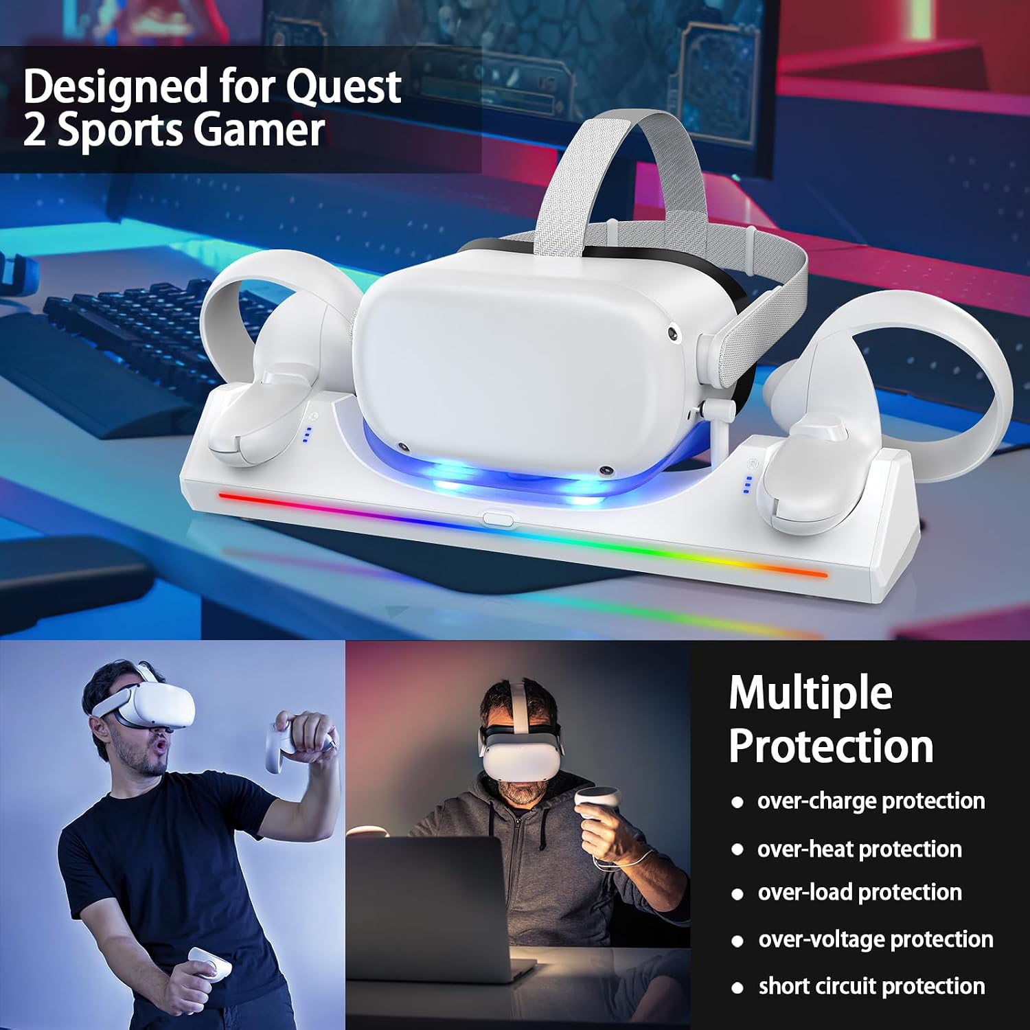 VR-Headset mit zwei Controllern auf einer Ladestation, umgeben von Gamern.