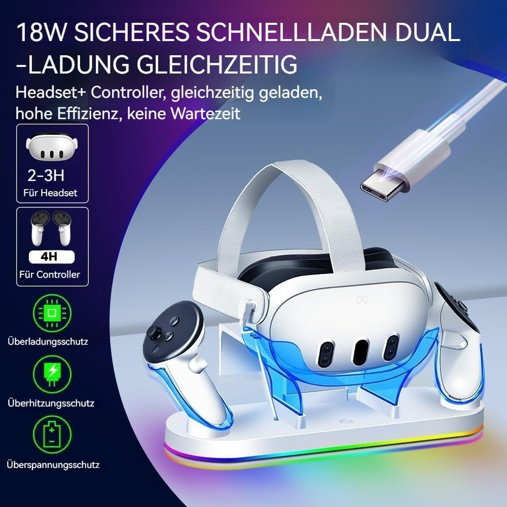 Ein weißes VR-Headset und zwei Controller auf einer Ladestation mit bunten Lichtern und deutschem Text.