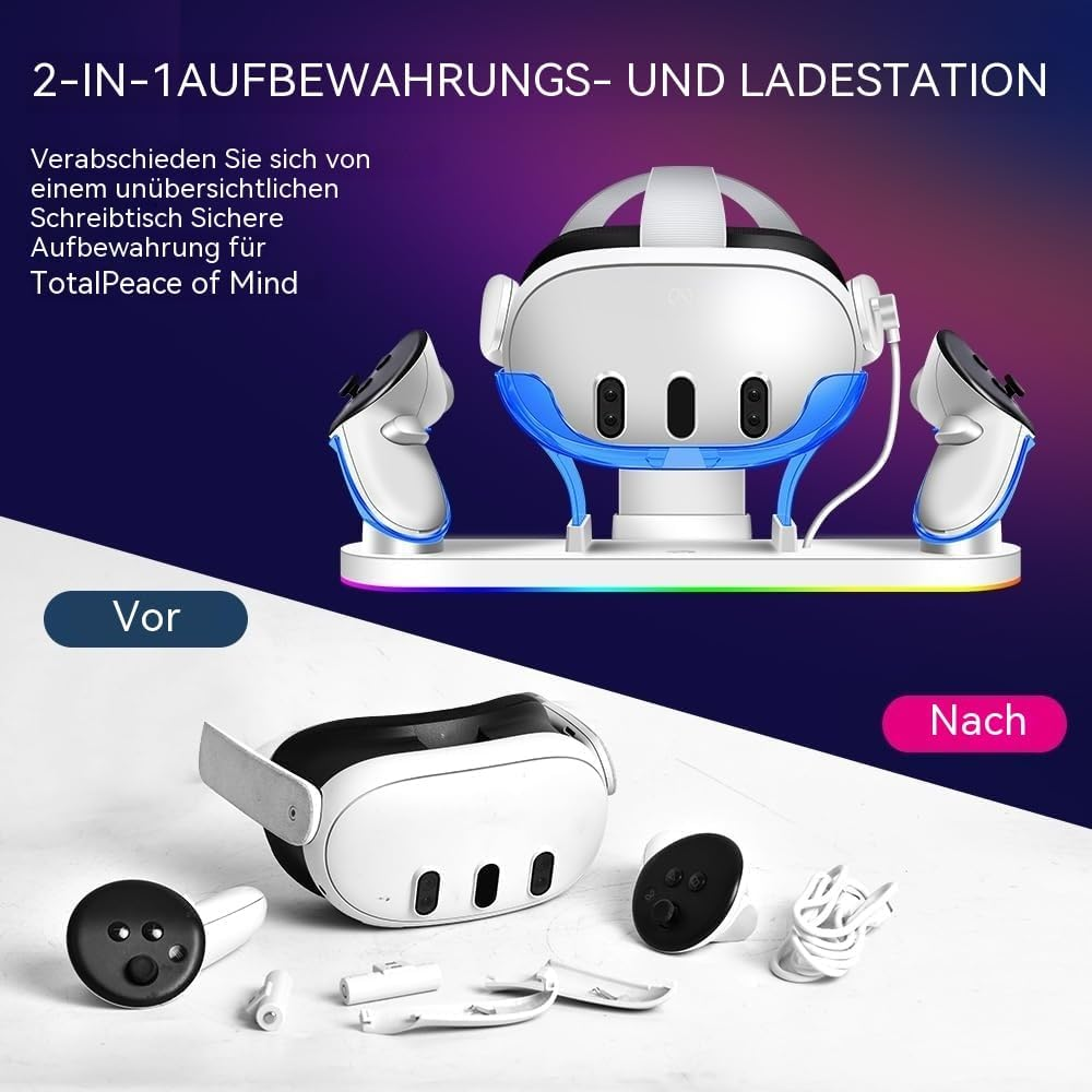 Vergleichsbild: VR-Headset auf einer RGB-Ladestation oben und lose VR-Geräte unten auf dem Tisch.