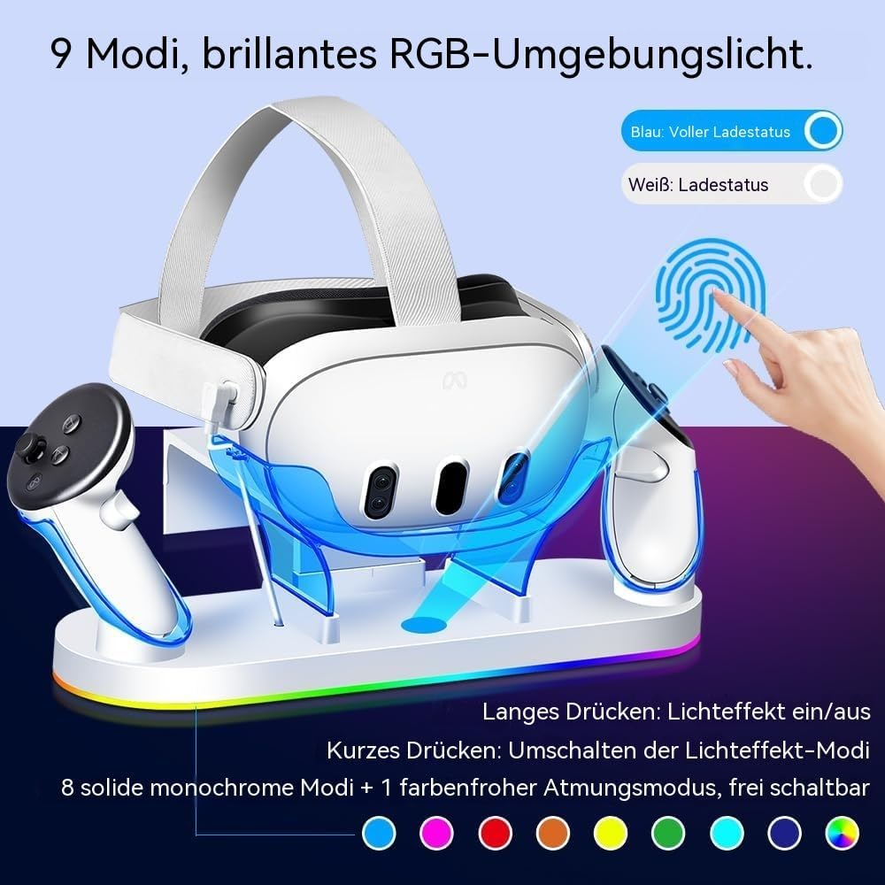 Weißes VR-Headset auf einer Ladestation mit RGB-Beleuchtung und zwei Controllern.