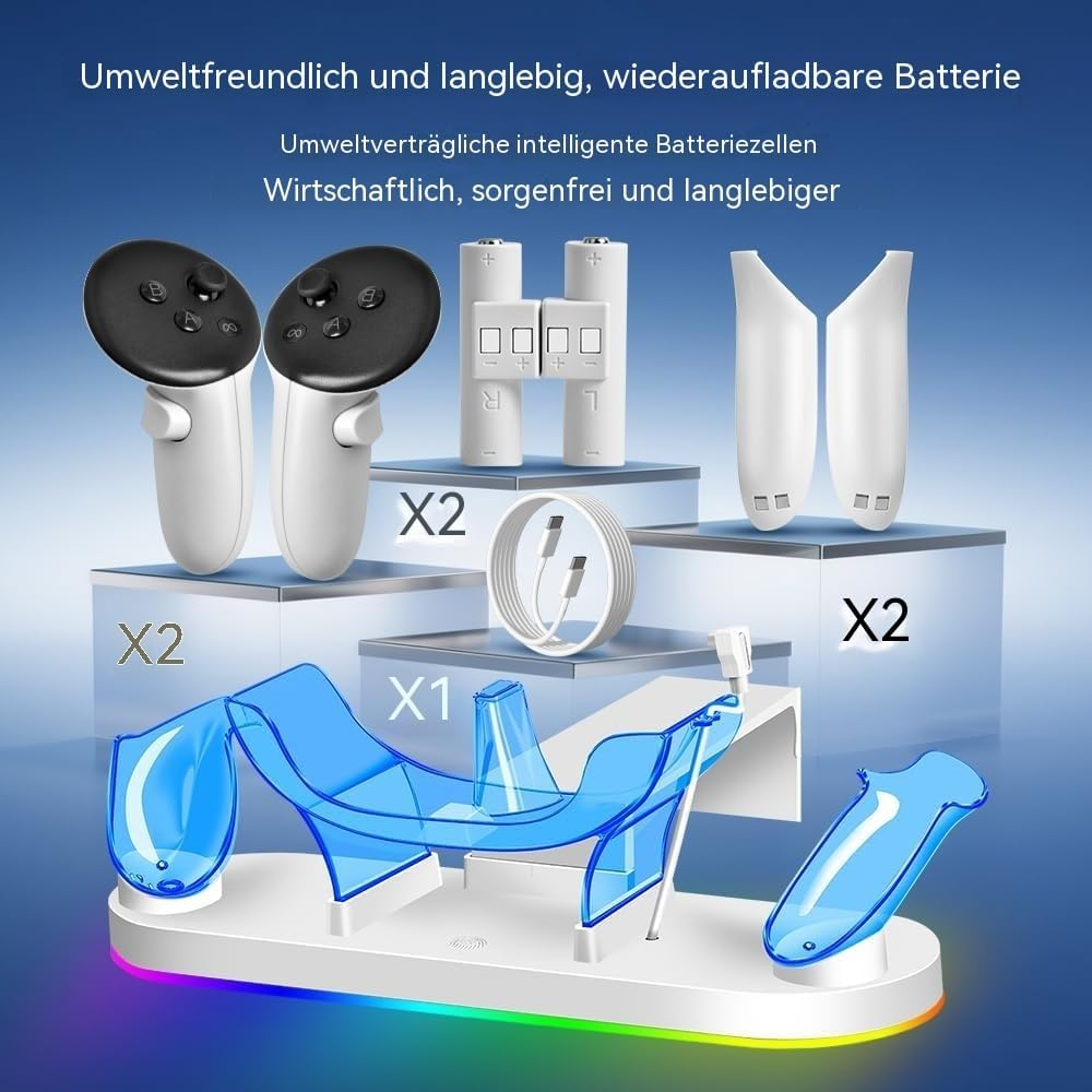 VR-Controller-Ladestation mit weißen Controllern, Akkus, Abdeckungen, Ladekabel und blauem Ständer.