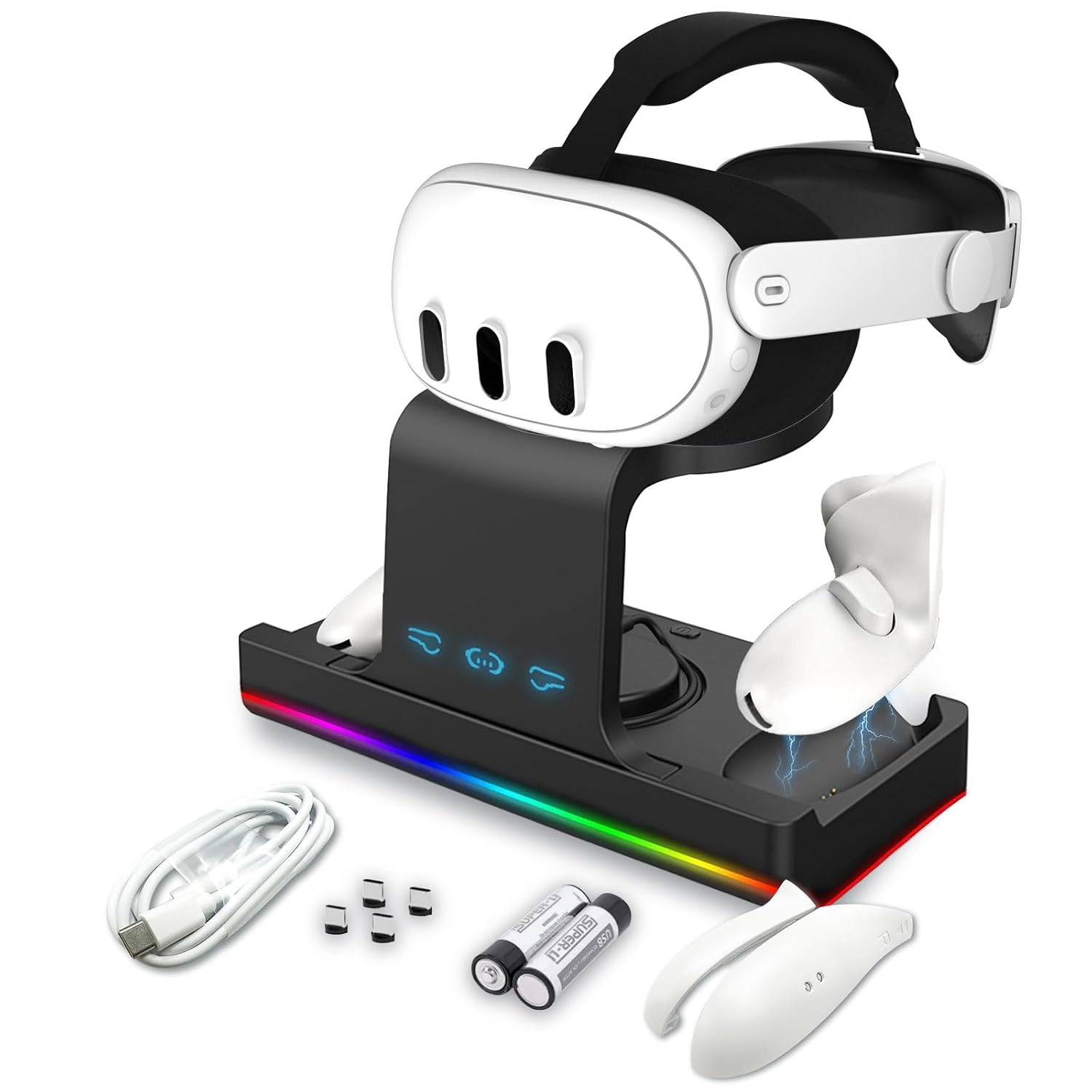VR-Headset auf schwarzem Ladeständer mit RGB-Beleuchtung, zwei Controllern, Kabel und Akkus.