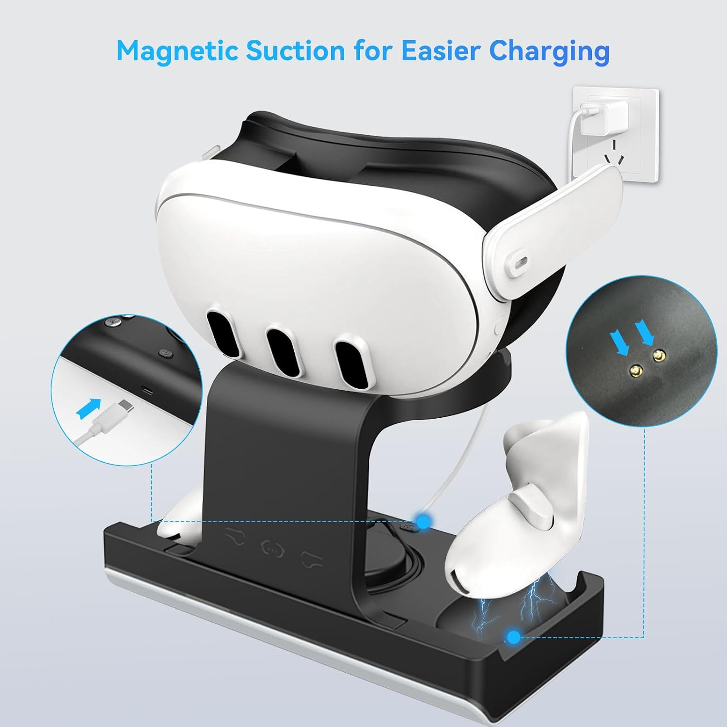 VR-Headset auf einer schwarzen Ladestation mit magnetischen Anschlüssen.