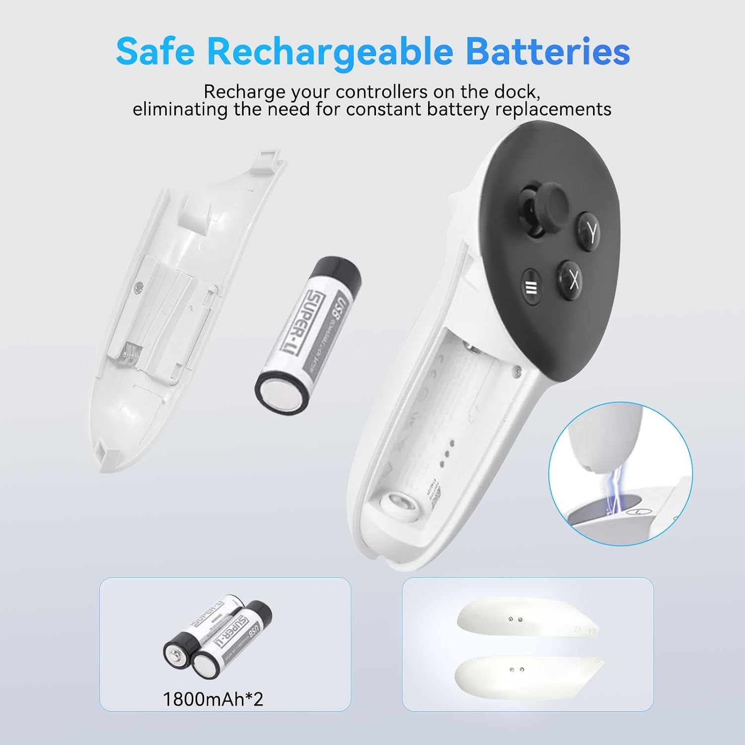 VR-Controller mit wiederaufladbaren Batterien und Ladestation, zeigen Batterieeinsetzen und 1800mAh Kapazität.
