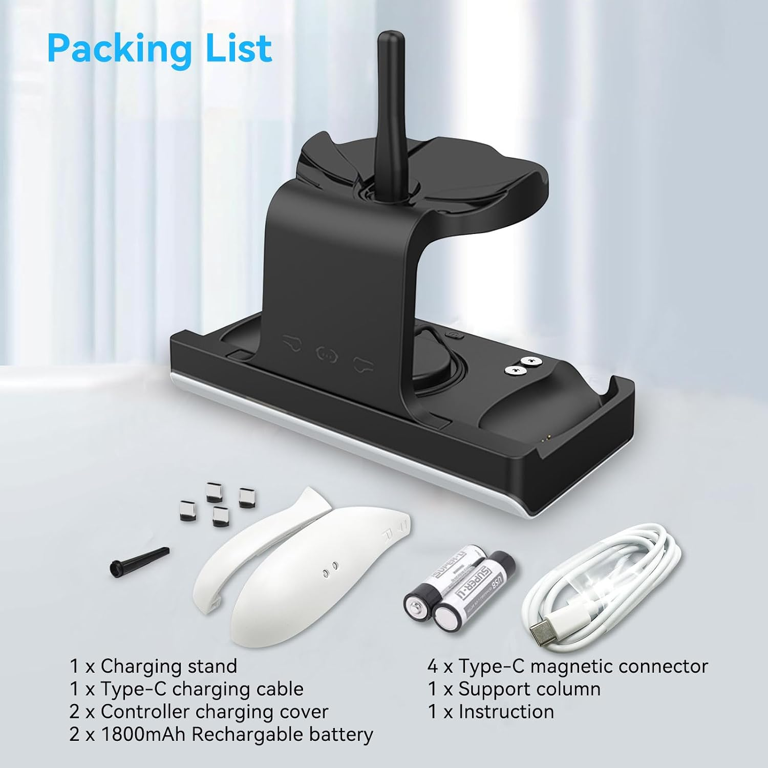 Packliste zeigt eine schwarze Ladestation mit Zubehör wie Kabel, Akkus, Abdeckungen und Anschlüssen auf weißem Grund.