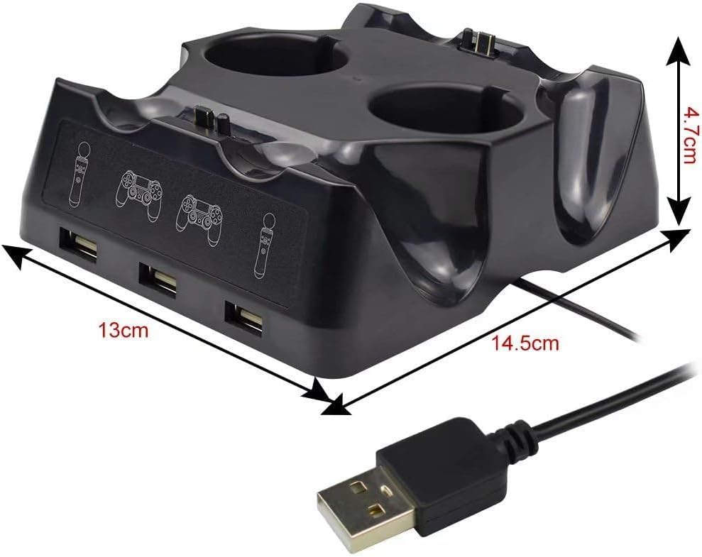 Schwarze Controller-Ladestation mit USB-Kabel und Maßangaben in cm.