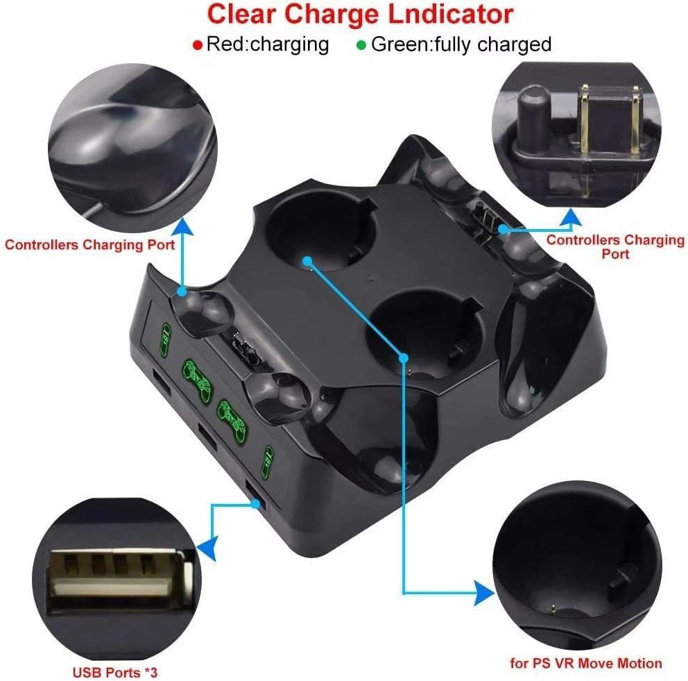 Schwarze VR-Ladestation mit Ladeanzeigen, USB-Ports und Controller-Anschlüssen.