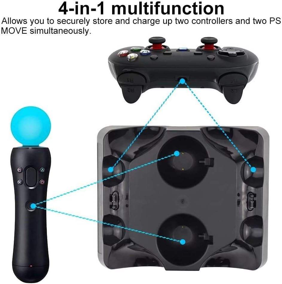 Eine 4-in-1 Multifunktions-Ladestation für zwei Controller und zwei PS Move Controller.