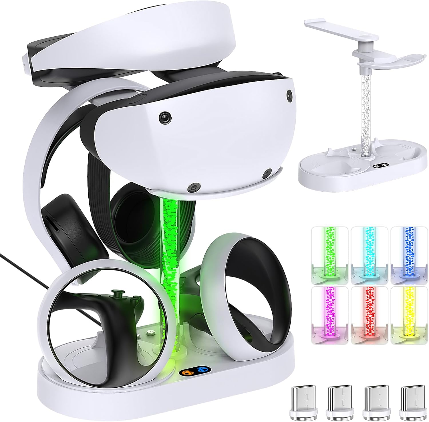 Weißer VR-Headset-Ständer mit grünem Licht, Controllern und Kopfhörern.