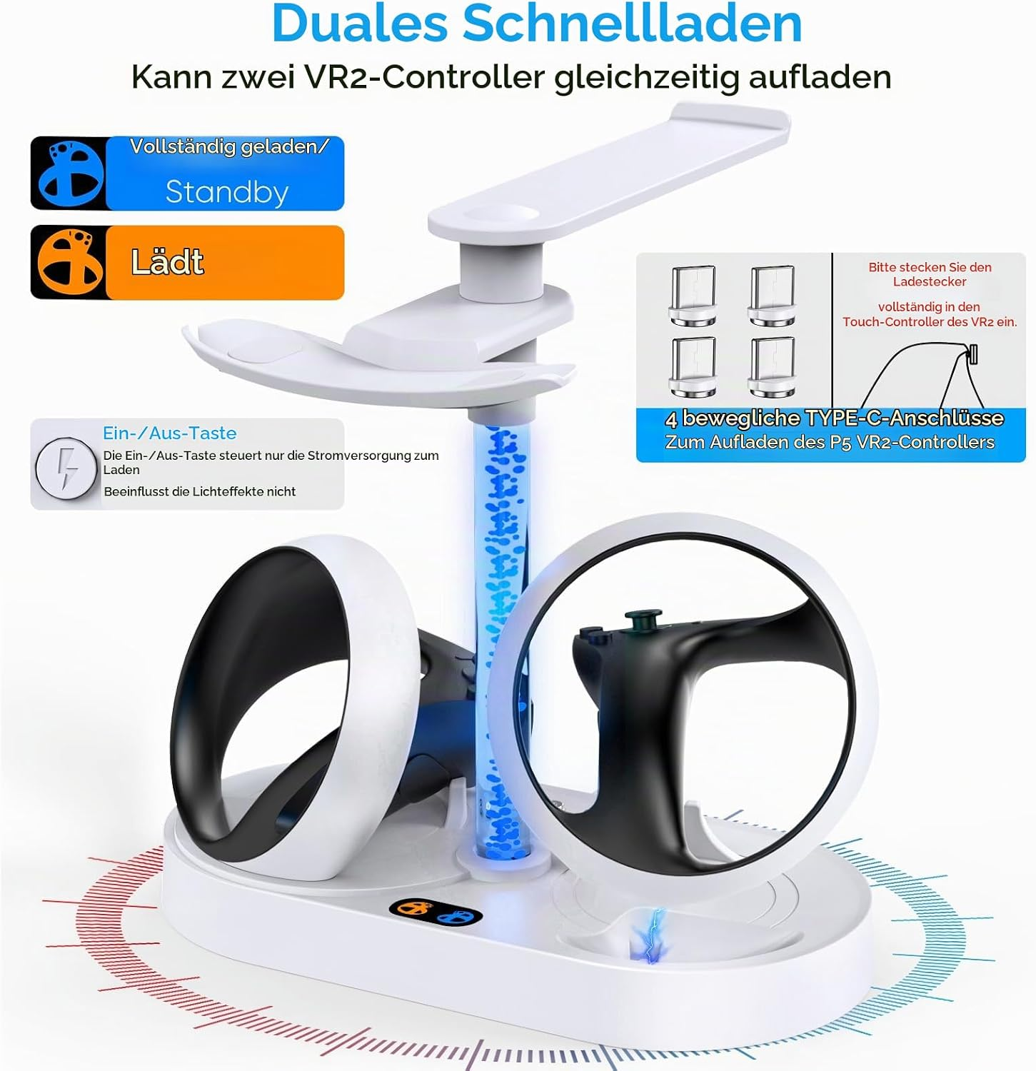 Weißer VR2-Ladeständer mit blauem Lichtsäulenelement und zwei VR-Controllern auf einer ovalen Basis.