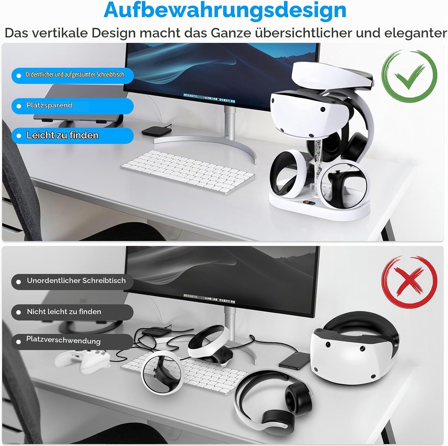Vergleich zweier Schreibtische: oben ordentlich mit VR-Ständer, unten unordentlich mit verstreuten Geräten.