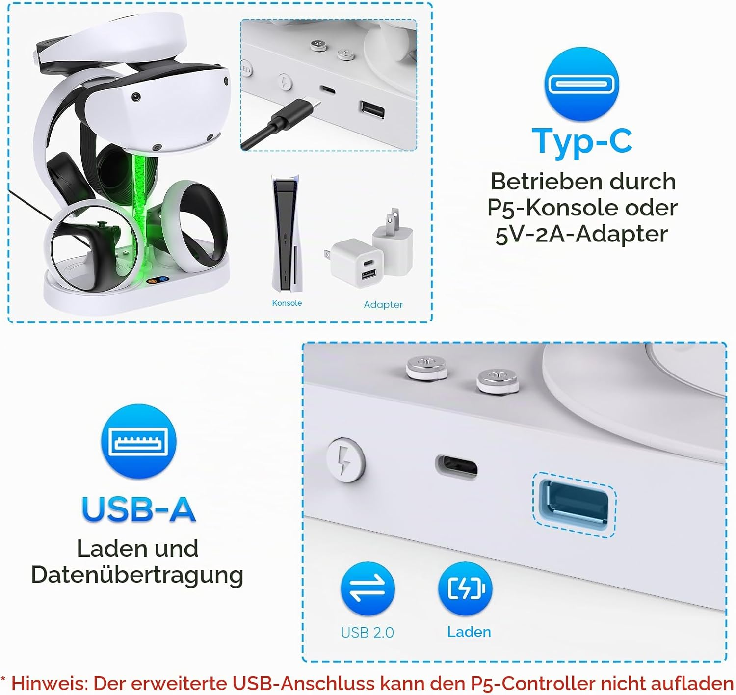 VR-Ladestation mit Typ-C und USB-A Anschlüssen, kompatibel mit P5-Konsole und Adaptern.