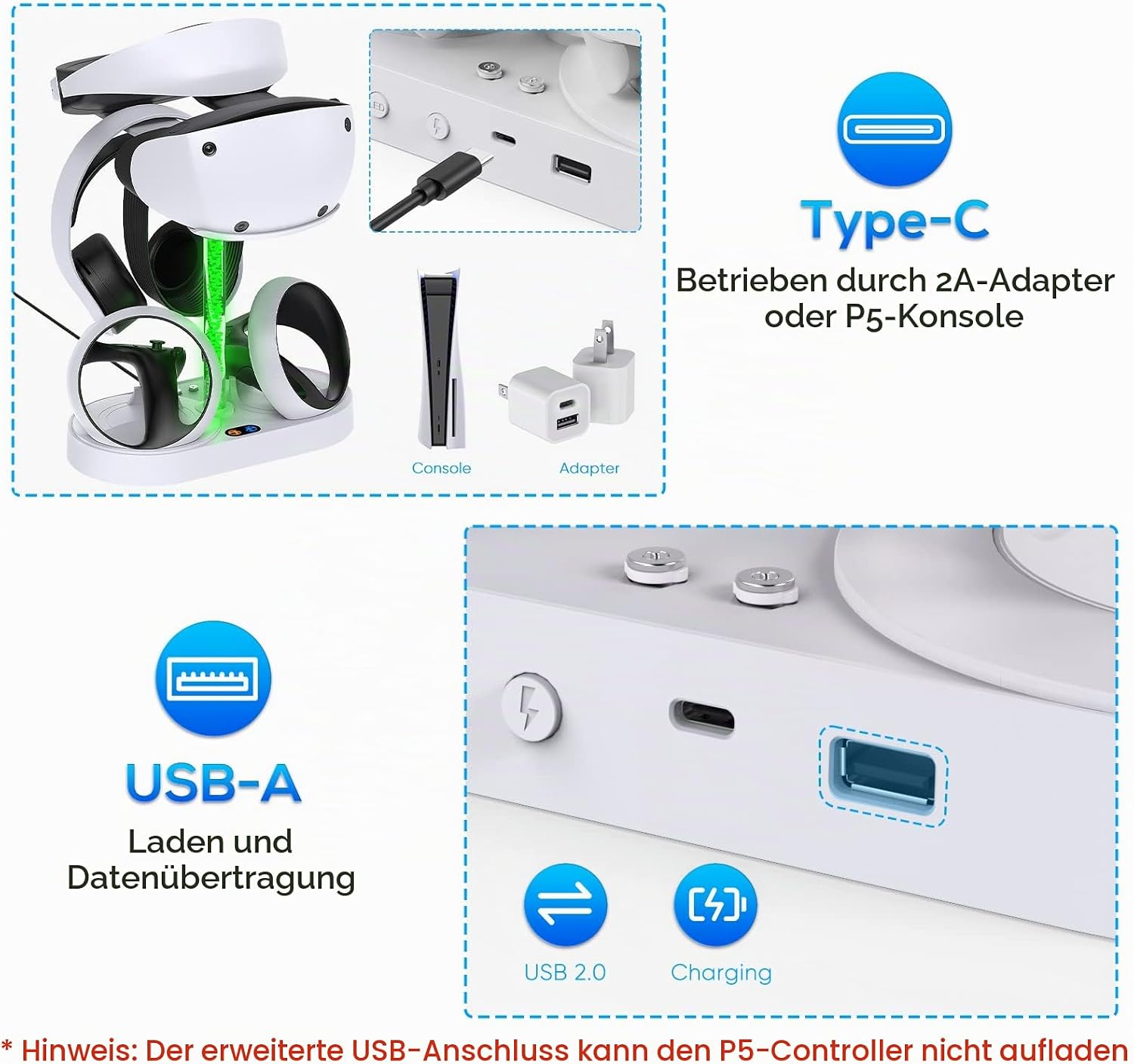 Ein weißer VR-Headset- und Controller-Ladeständer mit Typ-C- und USB-A-Anschlüssen zeigt Stromquellenoptionen.