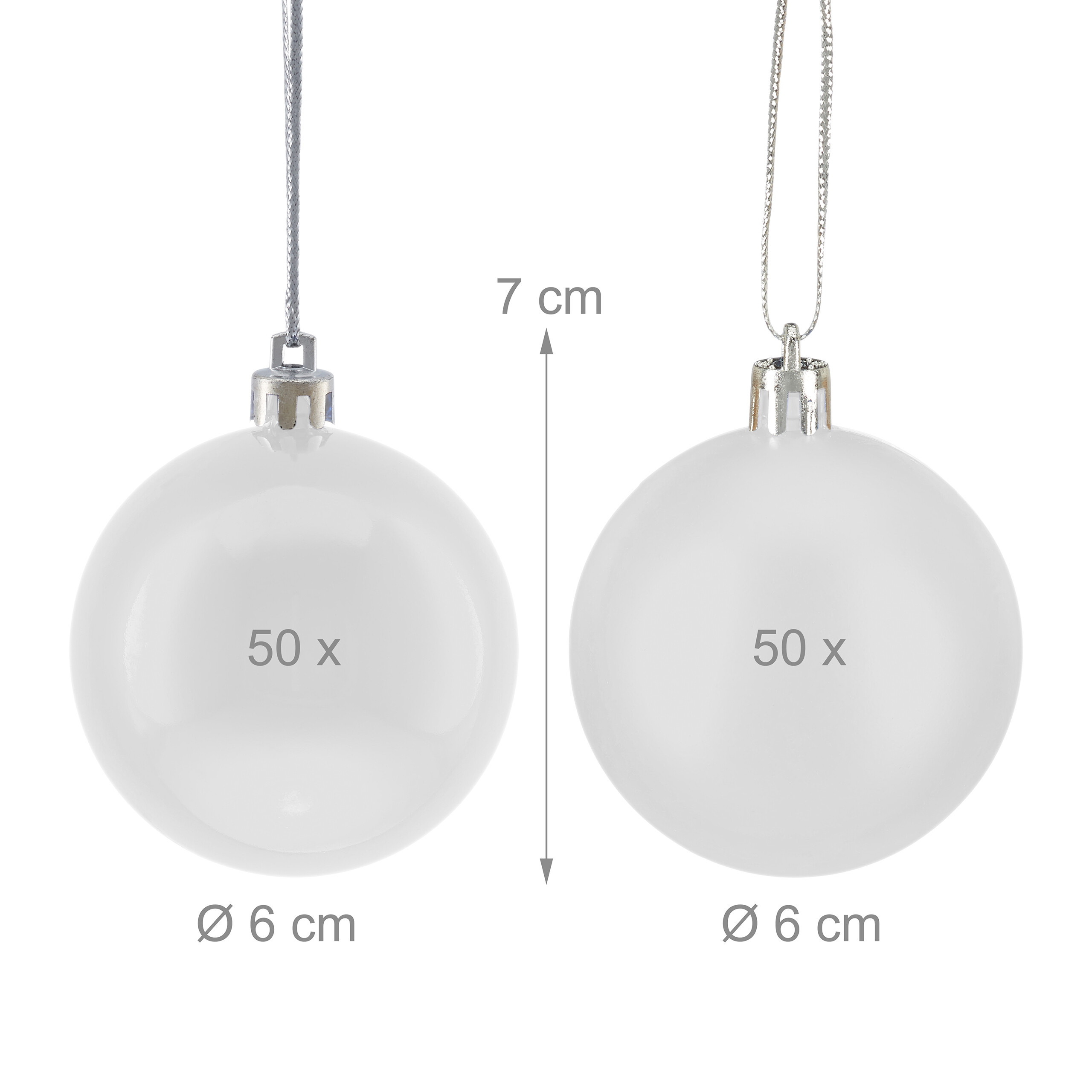 Zwei weiße Weihnachtskugeln mit silberner Aufhängung und Maßangaben für 50 Stück mit 6 cm Durchmesser und 7 cm Höhe.