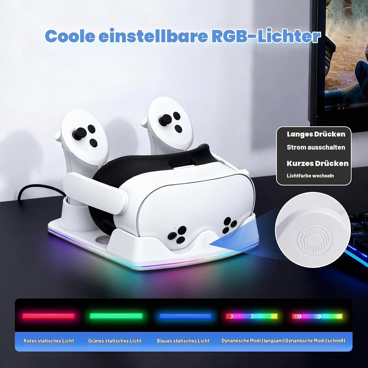Weißes VR-Headset mit zwei Controllern auf einer Ladestation mit RGB-Beleuchtung.