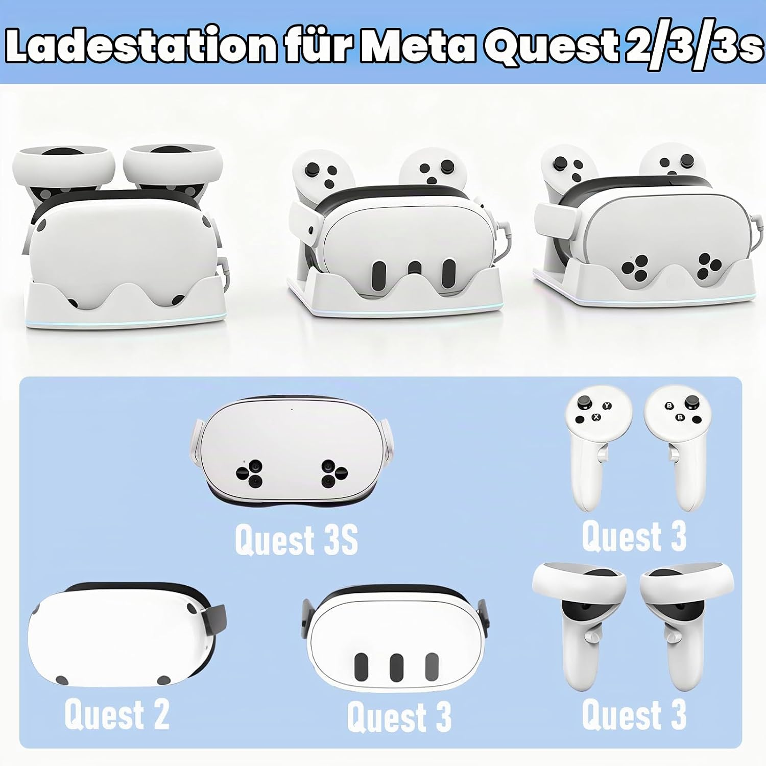 Ladestation für Meta Quest 2, 3 und 3S mit Headsets und Controllern.