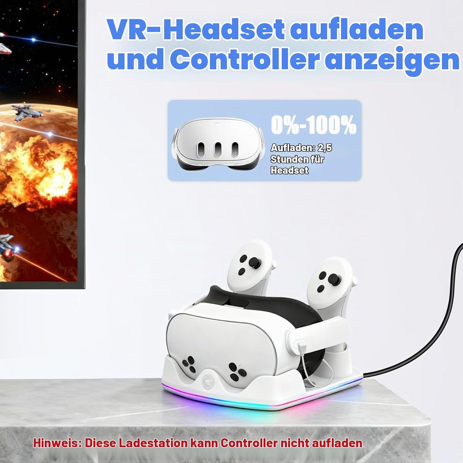 Ein weißes VR-Headset und Controller auf einer Ladestation.