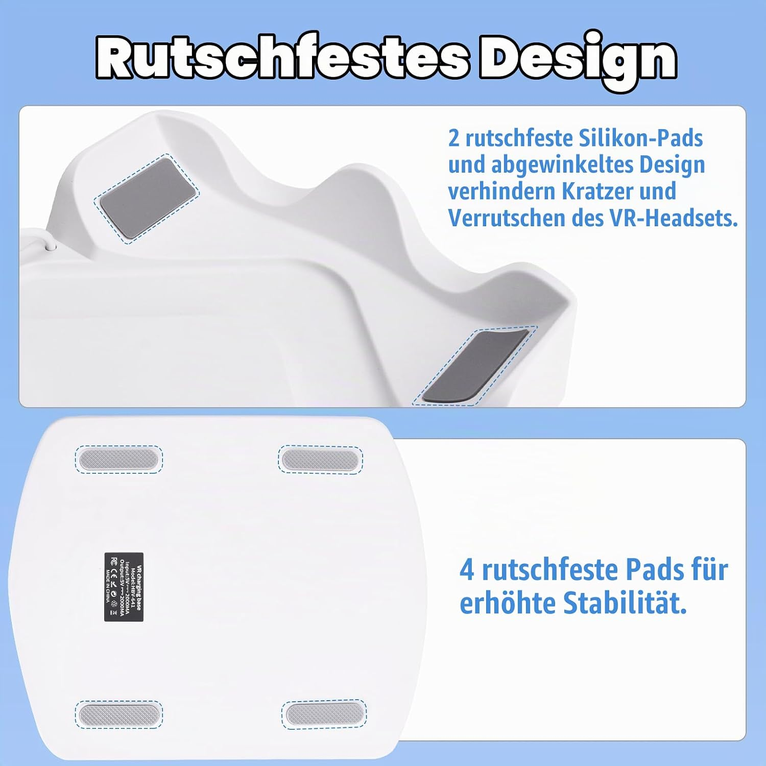 Weiße VR-Headset-Ladestation mit rutschfesten Silikonpads oben und unten für Stabilität.