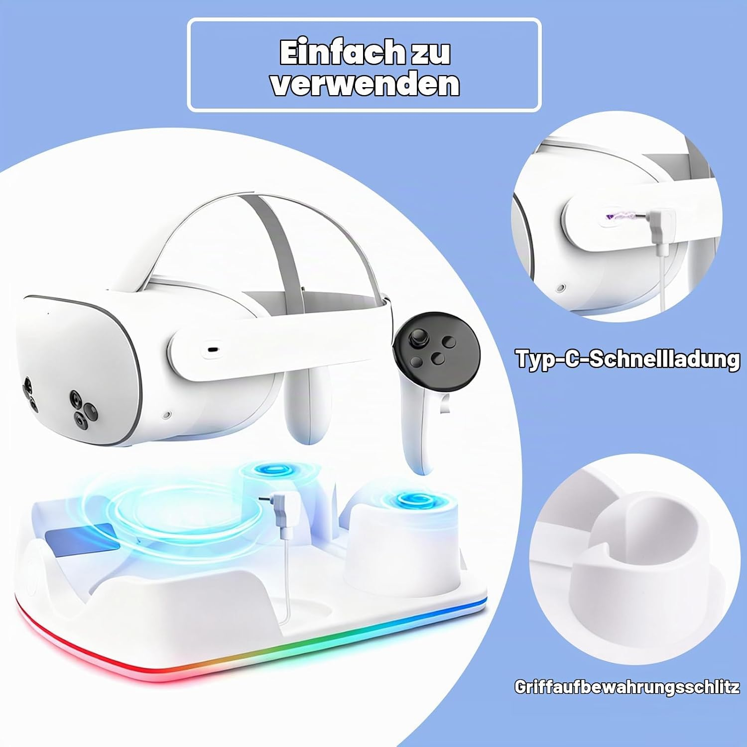 Weißes VR-Headset mit Ladestation, zwei Controllern und RGB-Beleuchtung auf blauem Hintergrund.