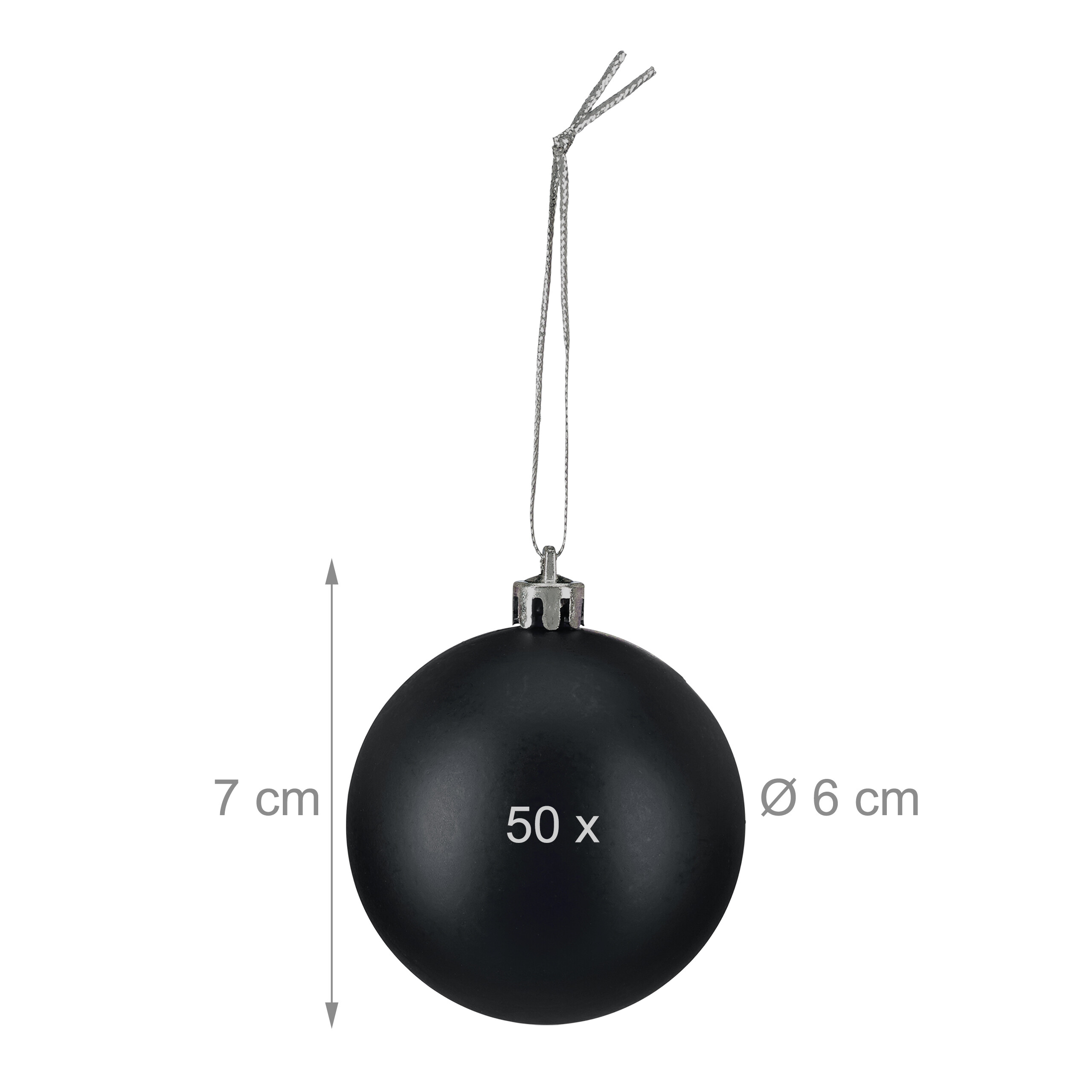 Eine matte schwarze Christbaumkugel mit silberner Kappe und Band, 6 cm Durchmesser und 7 cm Höhe.