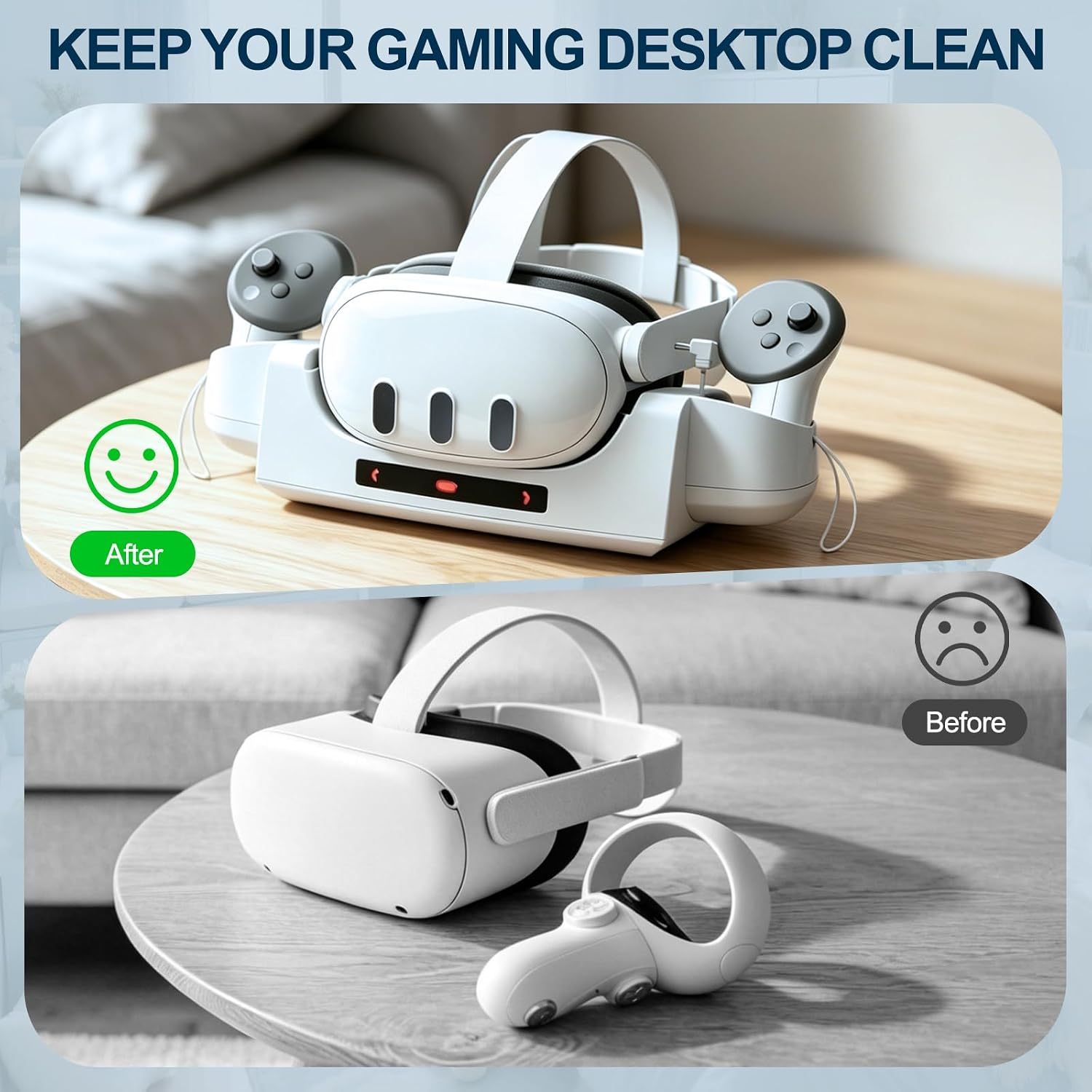 Vergleich zweier VR-Headset Setups: ordentlich in Ladestation versus unordentlich auf Holztisch.