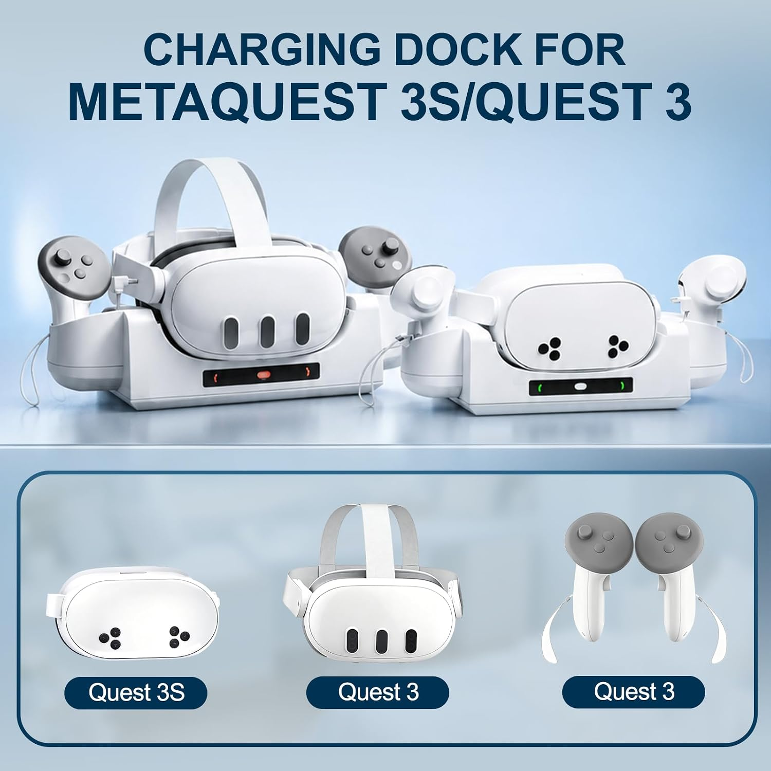 Weiße Ladestation für Meta Quest 3S und Quest 3 Headsets mit Controllern auf blauem Hintergrund.