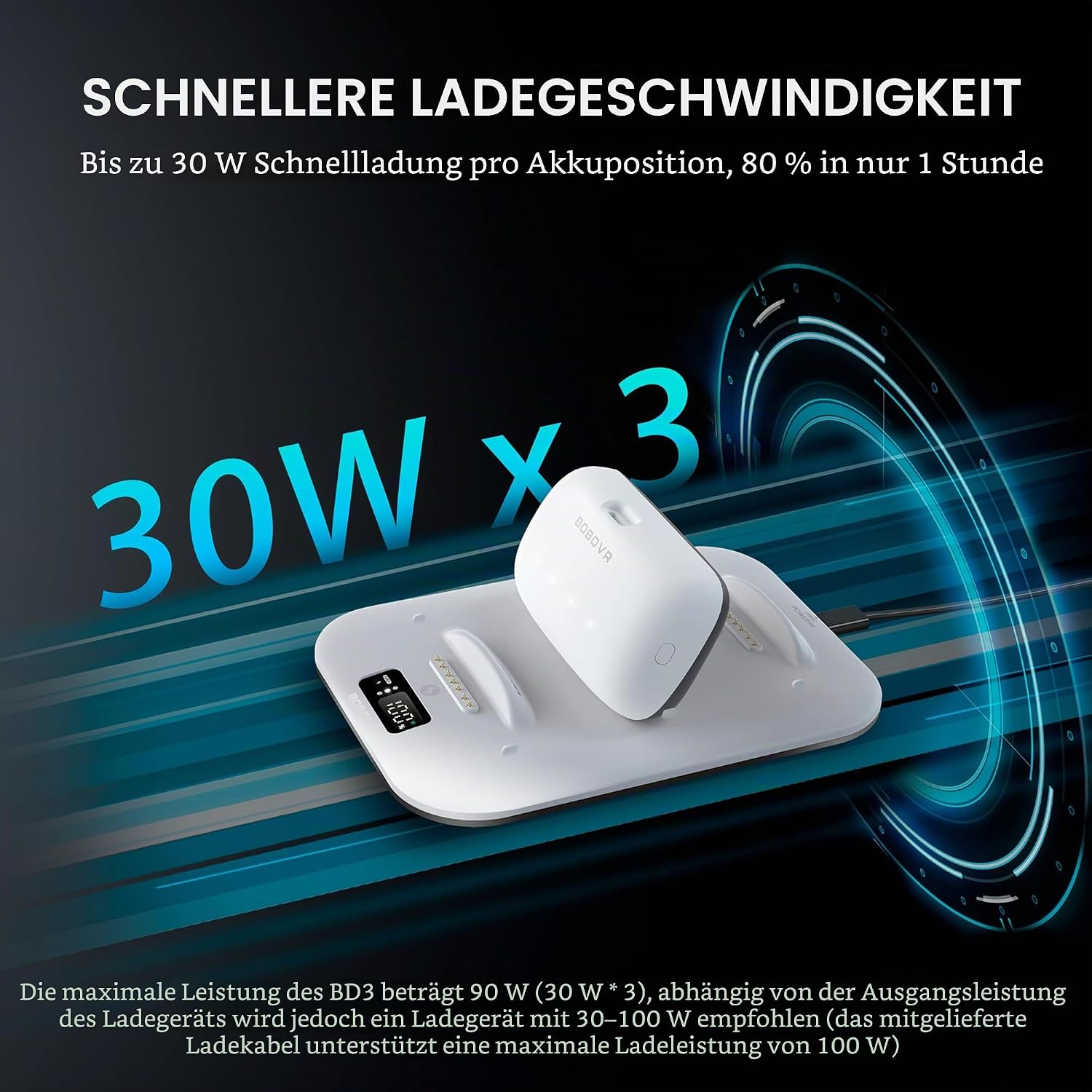 Weiße Ladestation mit 30W Schnellladung und Digitalanzeige vor blauem Hintergrund.