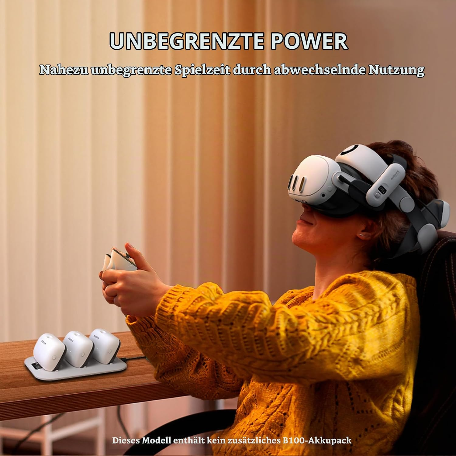 Eine Person mit VR-Headset und Controller sitzt vor einem Tisch mit einer Ladestation.
