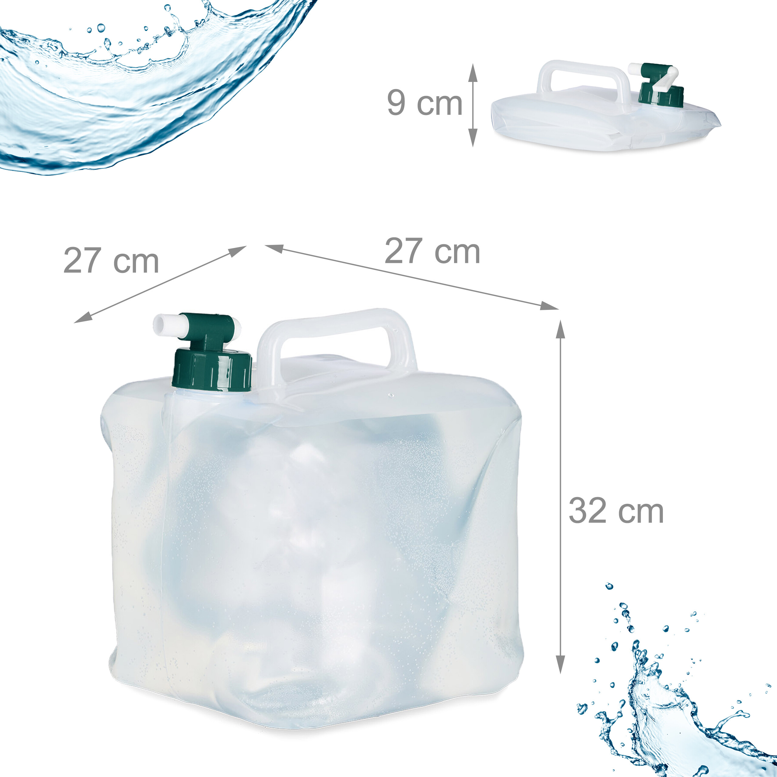 Faltbarer Wasserkanister mit Maßen und Wasserspritzern.