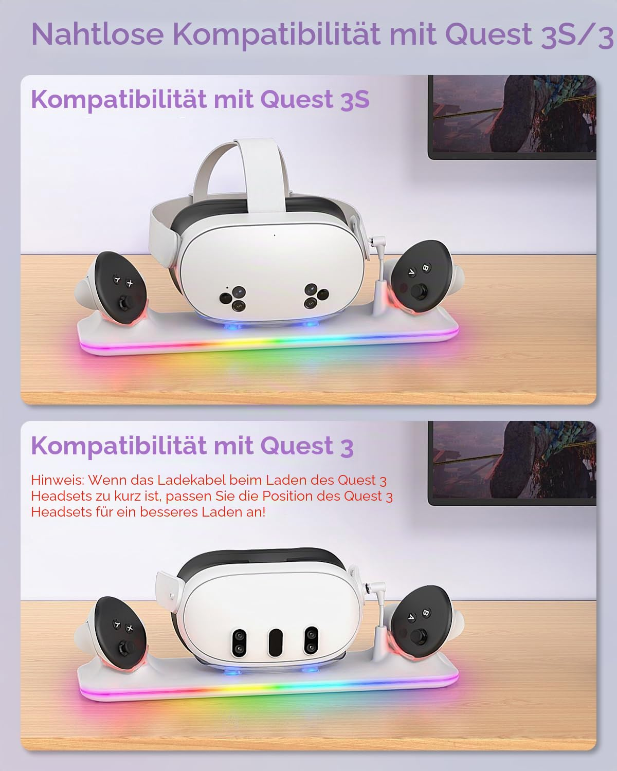 Weißes VR-Headset mit zwei Controllern auf einer RGB-beleuchteten Ladestation auf einem Holztisch.
