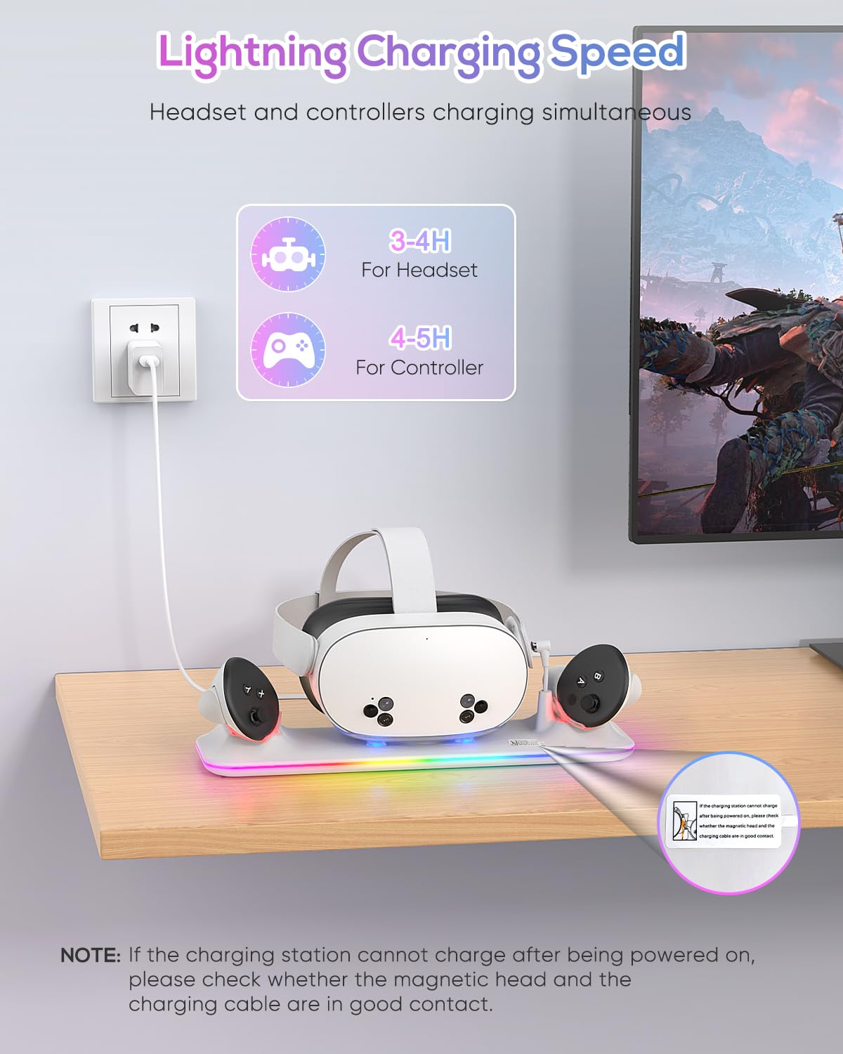 Eine VR-Ladestation für ein Headset und Controller auf einem Holztisch, verbunden mit einer Wandsteckdose.