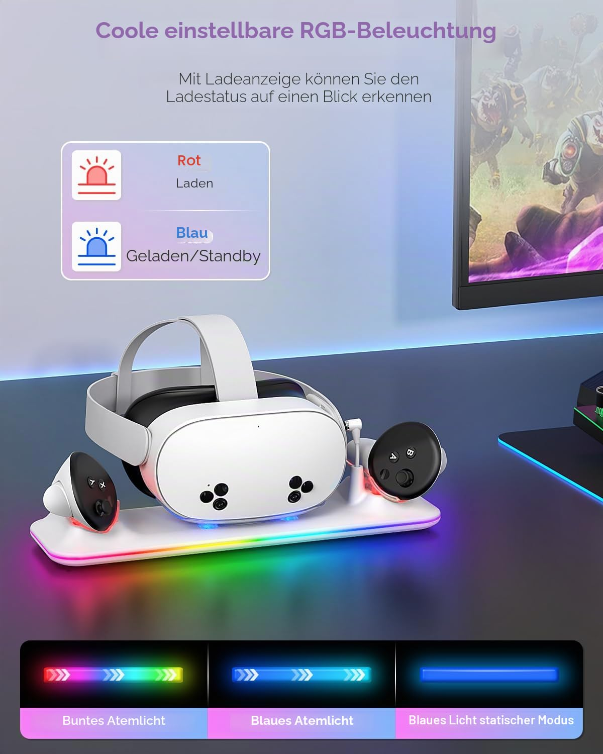 Weisse VR-Brille mit zwei Controllern auf einer RGB-Ladestation auf einem Tisch.