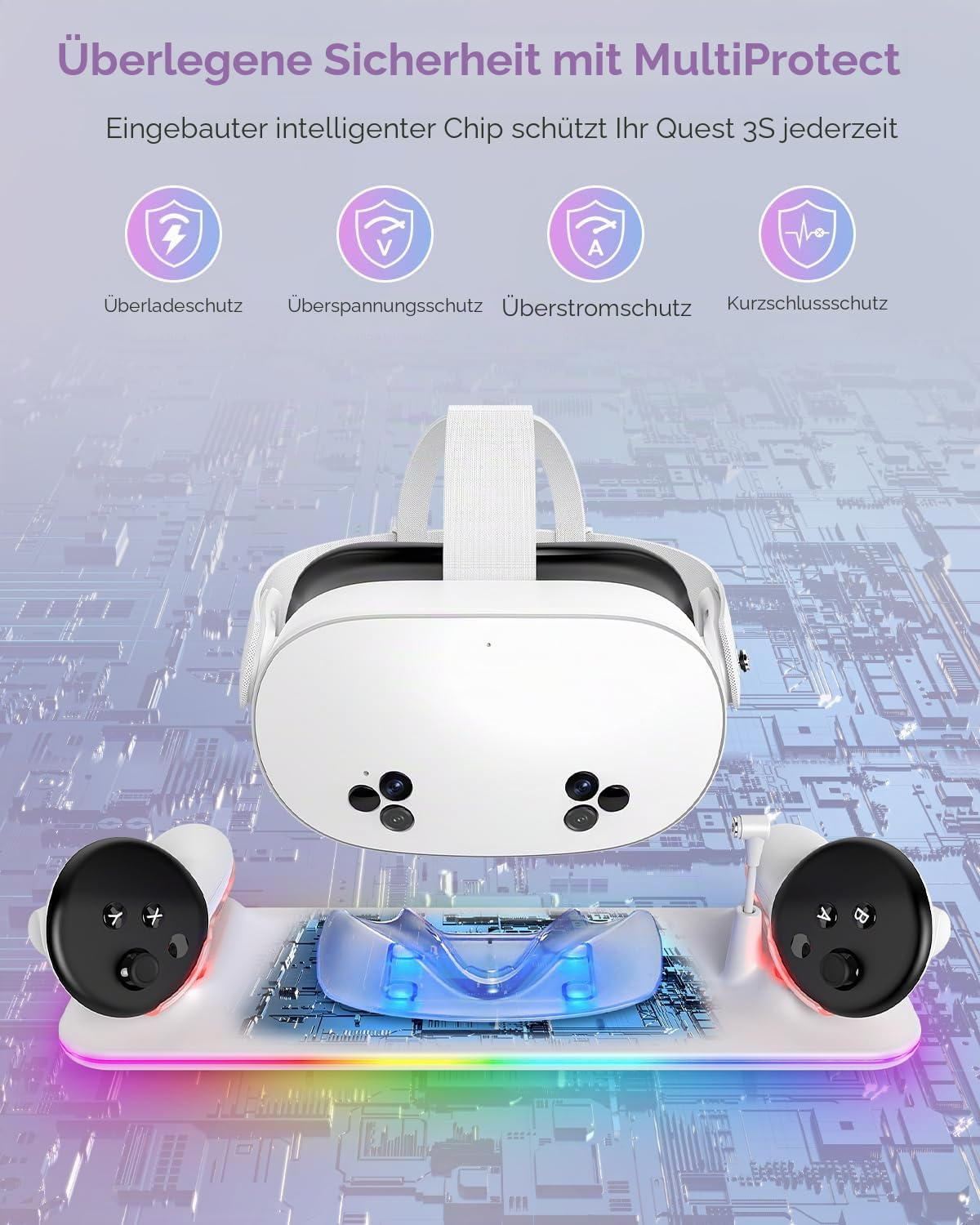 VR-Headset und Controller auf einer leuchtenden Ladestation mit Schutzsymbolen oben.