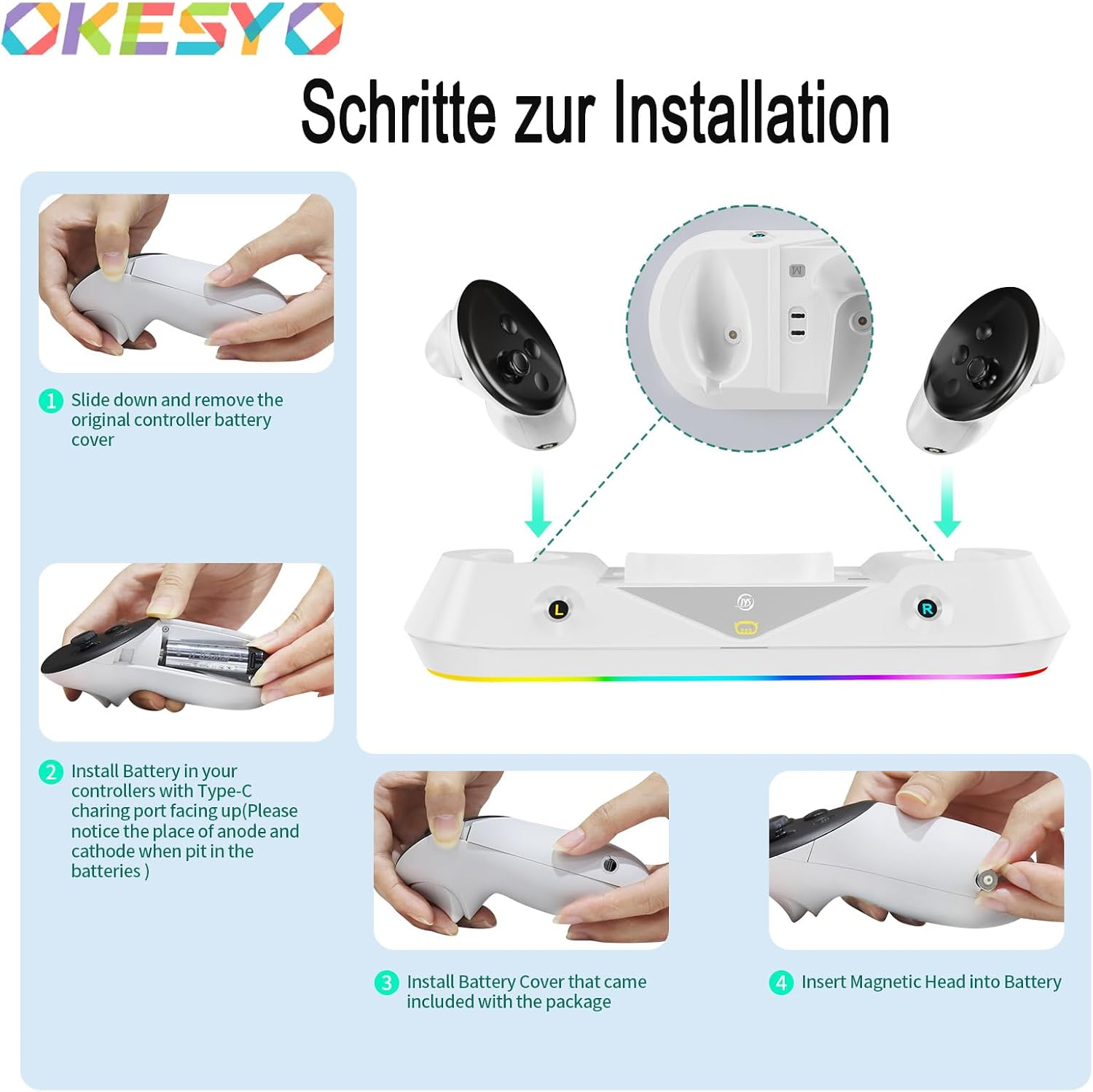 Anleitung zur Installation von Ladestation und Akkus für VR-Controller in vier Schritten.