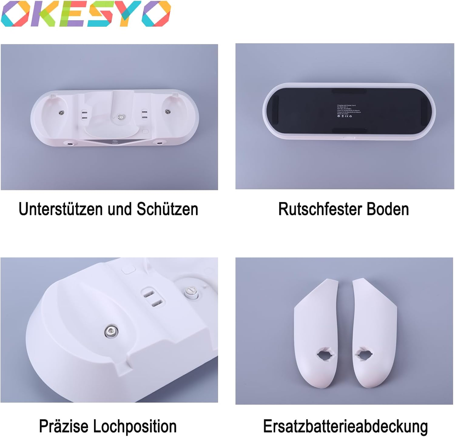 Vier Bilder zeigen eine weiße Ladestation, deren rutschfeste Unterseite, präzise Anschlüsse und zwei weiße Batterieabdeckungen.