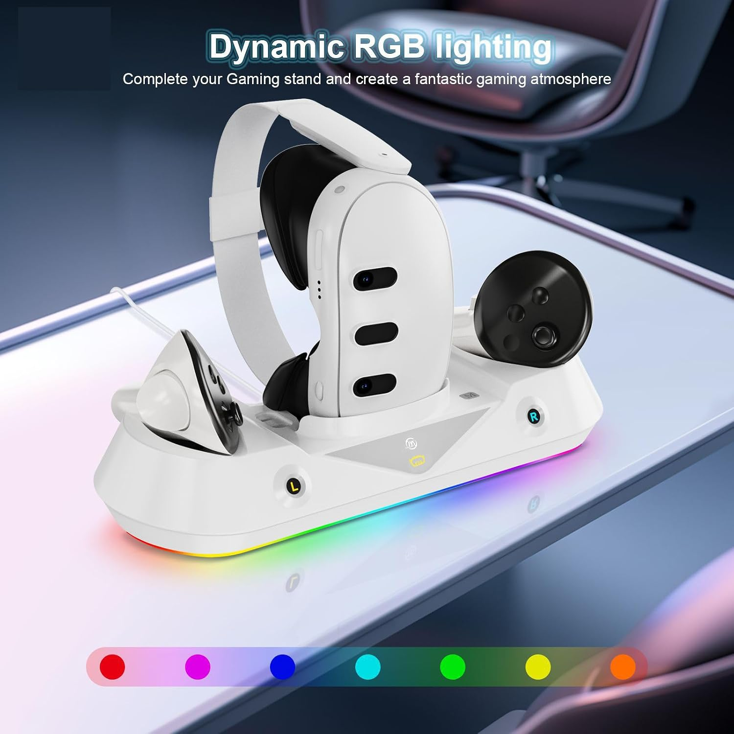 Weißer VR-Headset- und Controller-Ladeständer mit RGB-Beleuchtung auf einem Tisch.