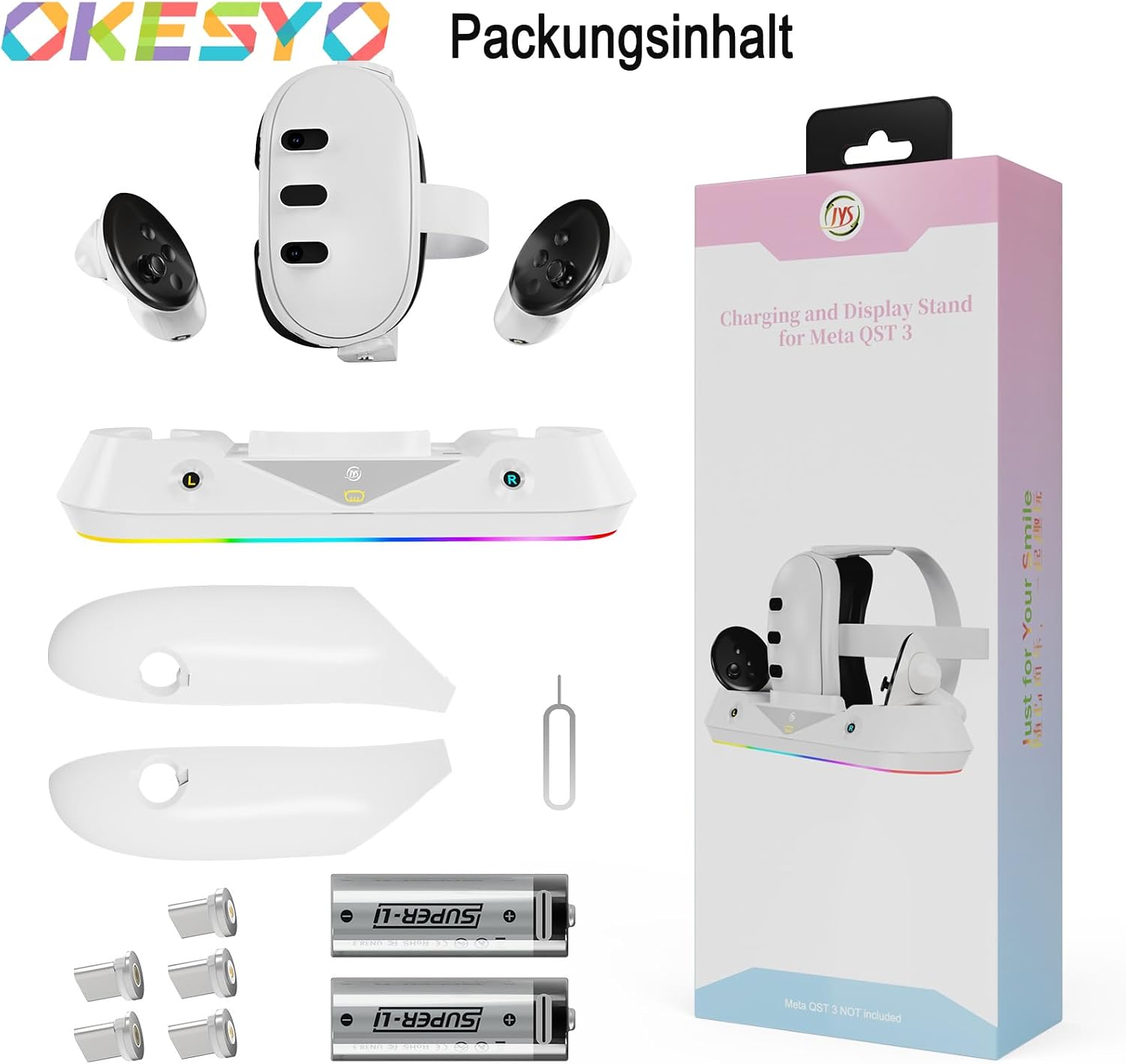 Weißes VR-Headset, Controller, Ladestation, Batterien und Verpackung auf weißem Hintergrund.