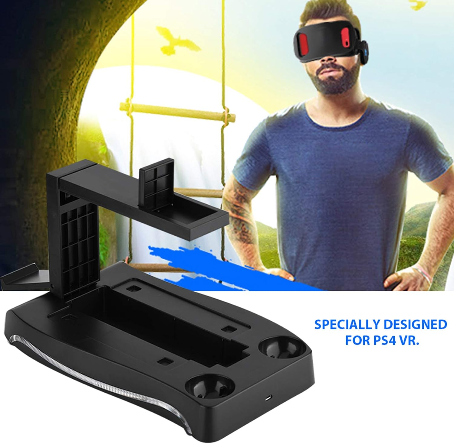 Schwarzer Multifunktionsständer für PS4 VR vor einem Mann mit VR-Headset.