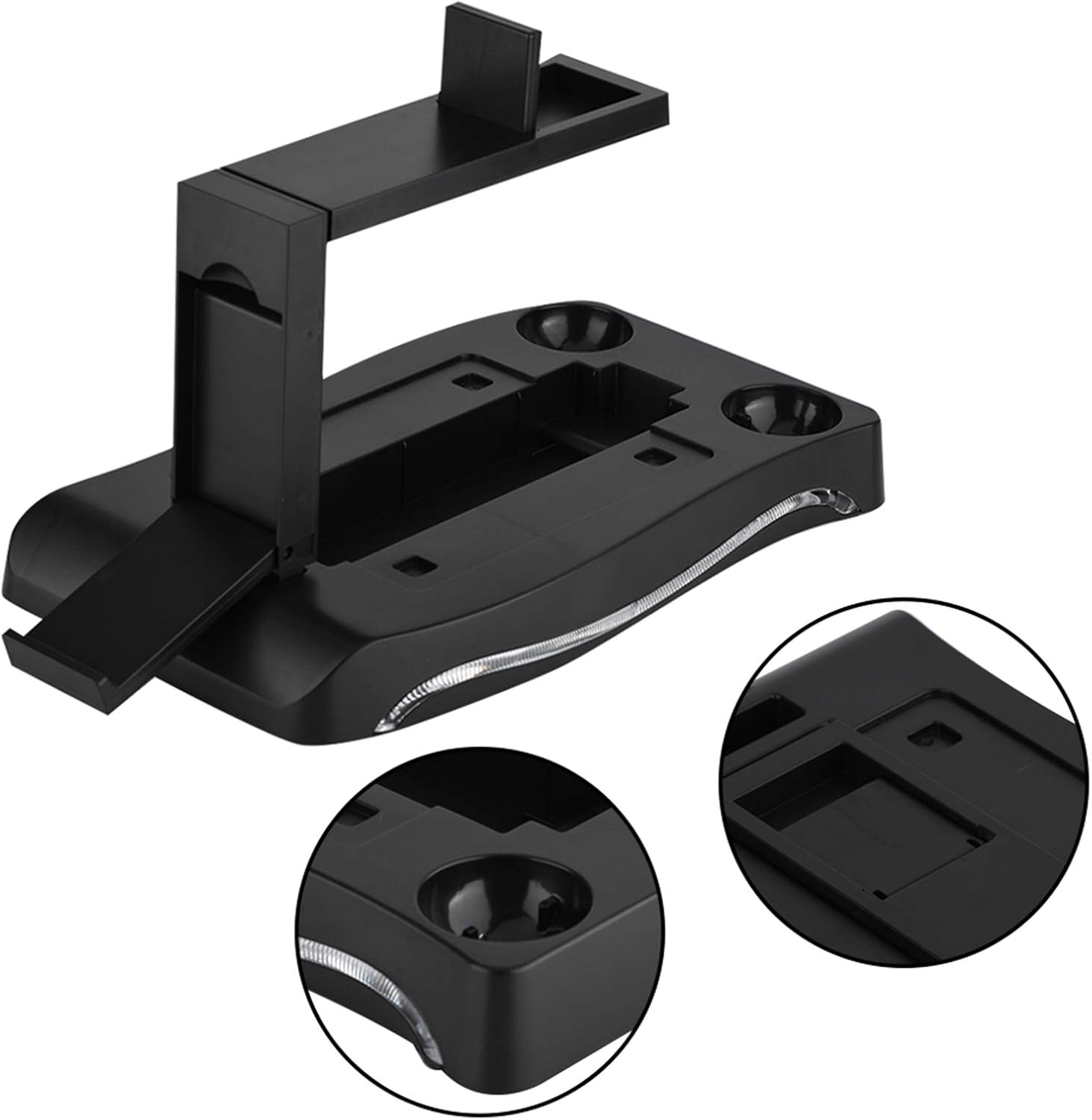 Schwarzer Multifunktions-Controller-Ständer mit zwei kreisrunden Ausschnitten und integrierter LED-Beleuchtung.