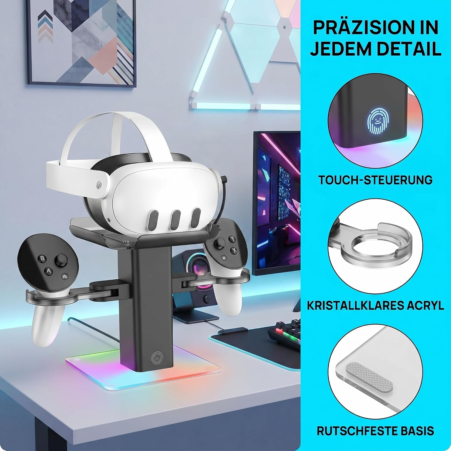 Ein VR-Headset und zwei Controller auf einer Ladestation mit RGB-Beleuchtung, Touch-Steuerung und Acryl.