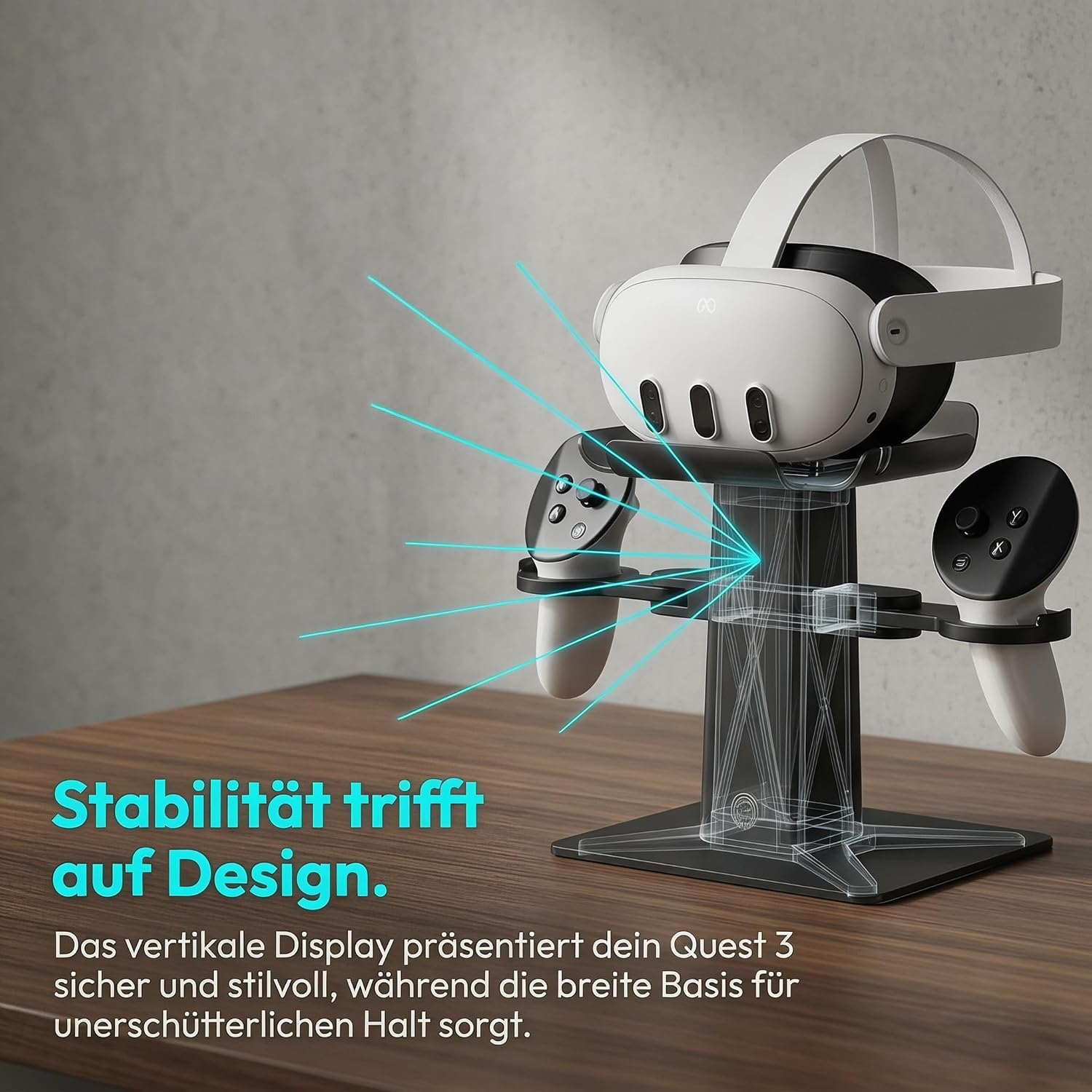 Ein VR-Headset und zwei Controller auf einem schwarzen Ständer auf einem Holztisch, links deutscher Text.