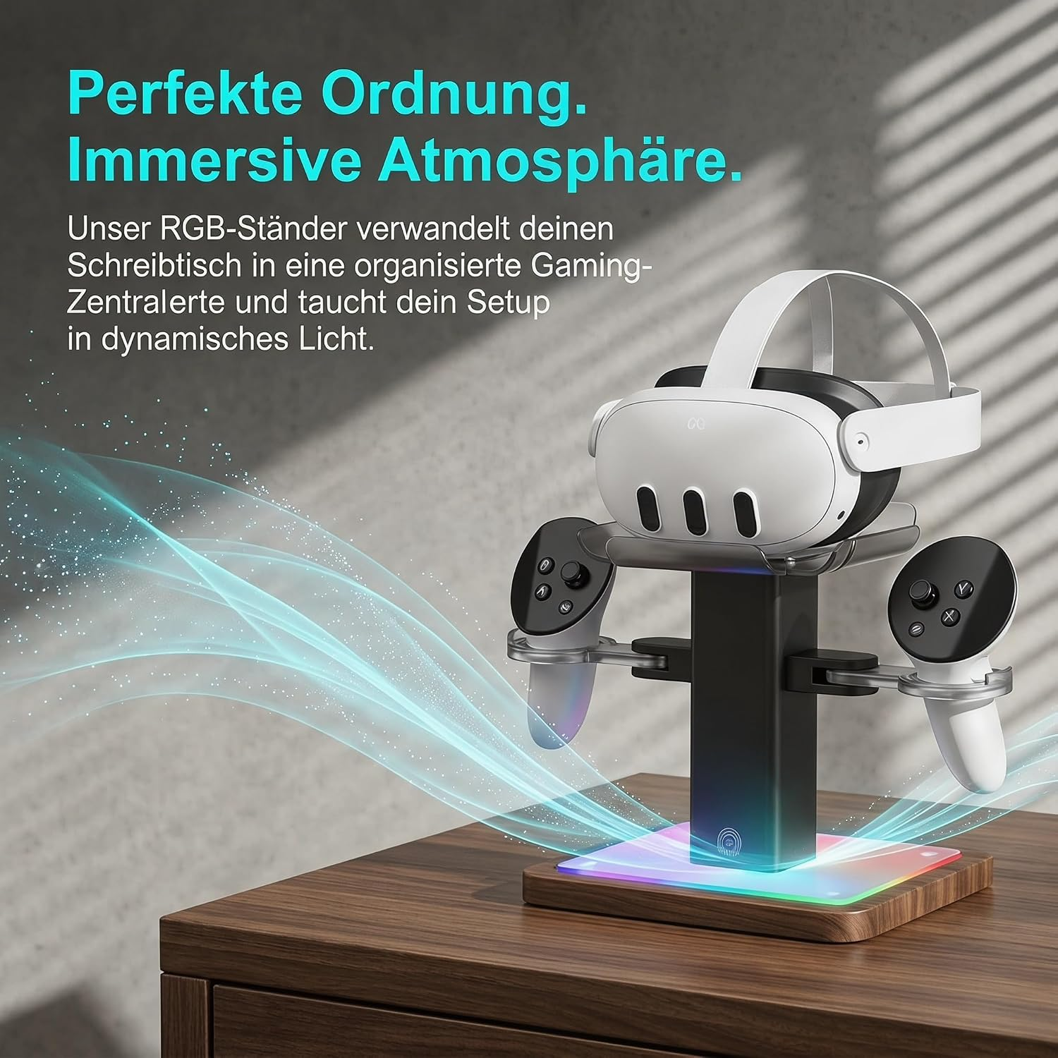 Ein VR-Headset und zwei Controller auf einem leuchtenden RGB-Ständer auf einem Holztisch.