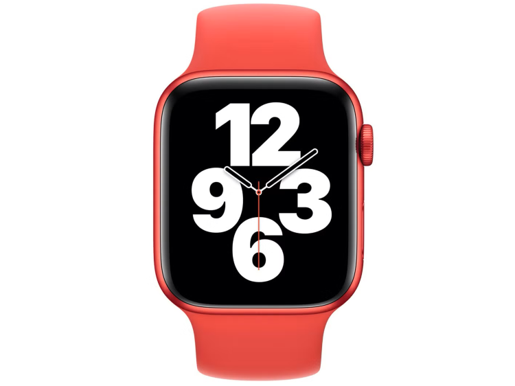 Czerwony smartwatch z czarnym ekranem i białymi cyframi 3, 6, 9, 12.