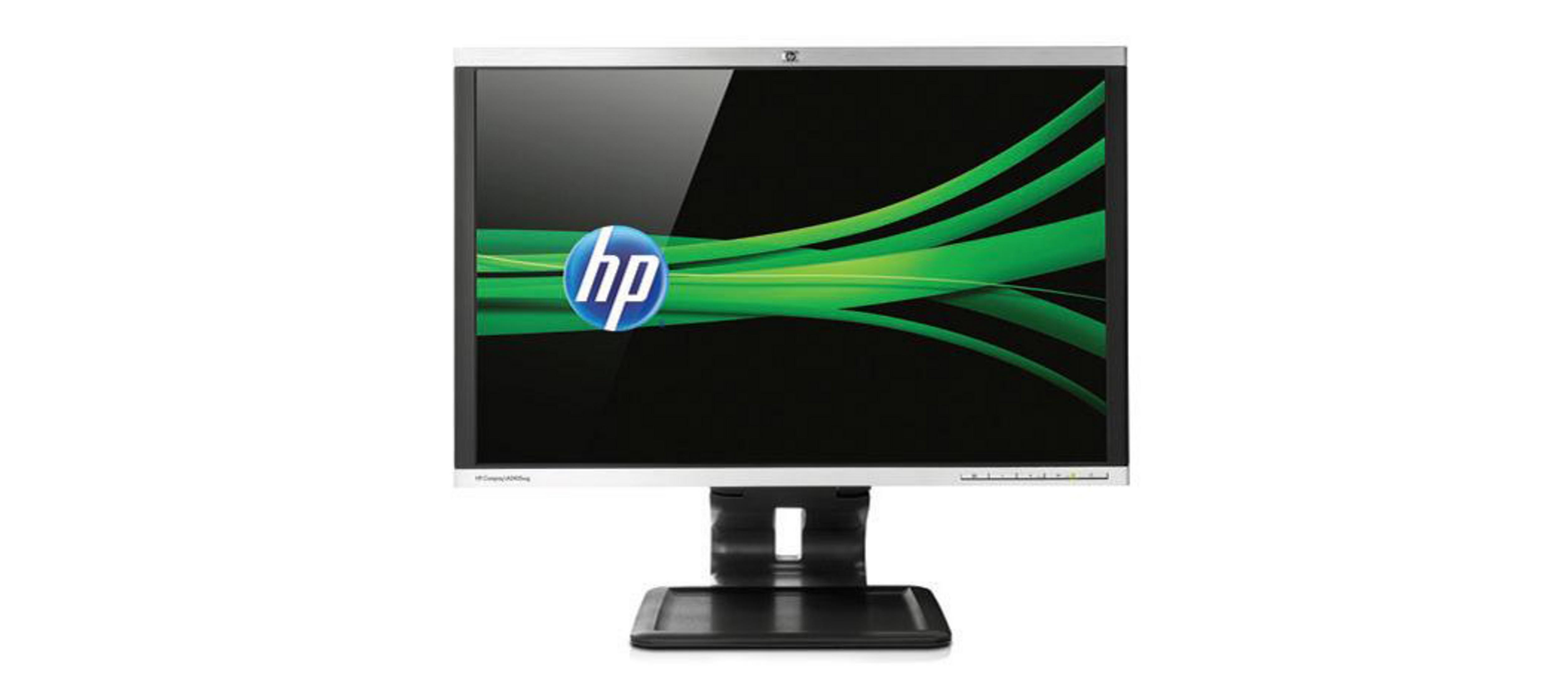 Un monitor per computer HP argento con cornice nera mostra un logo HP verde e linee ondulate.
