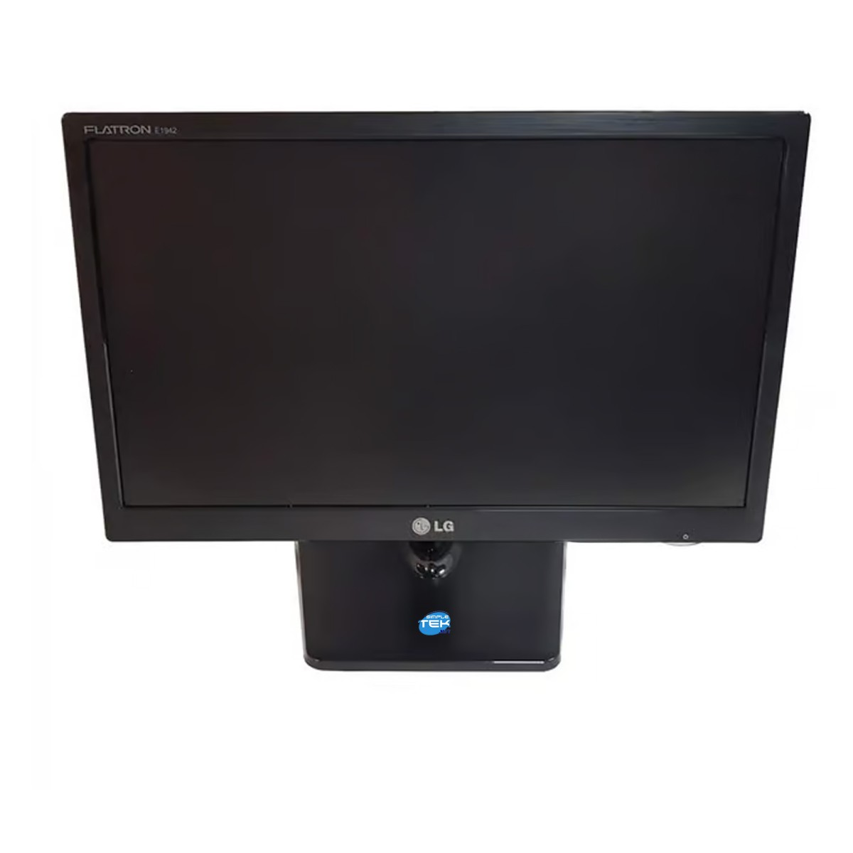 Un monitor per computer nero LG Flatron su supporto con logo blu su sfondo bianco.