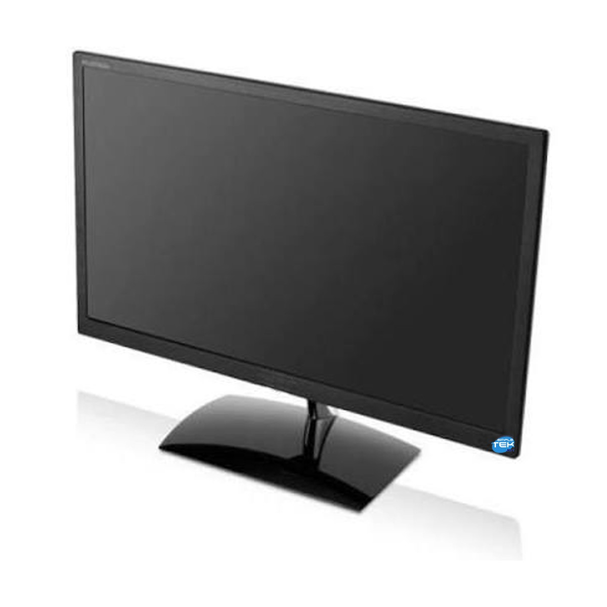 Un monitor a schermo piatto nero con base curva poggia su una superficie bianca.