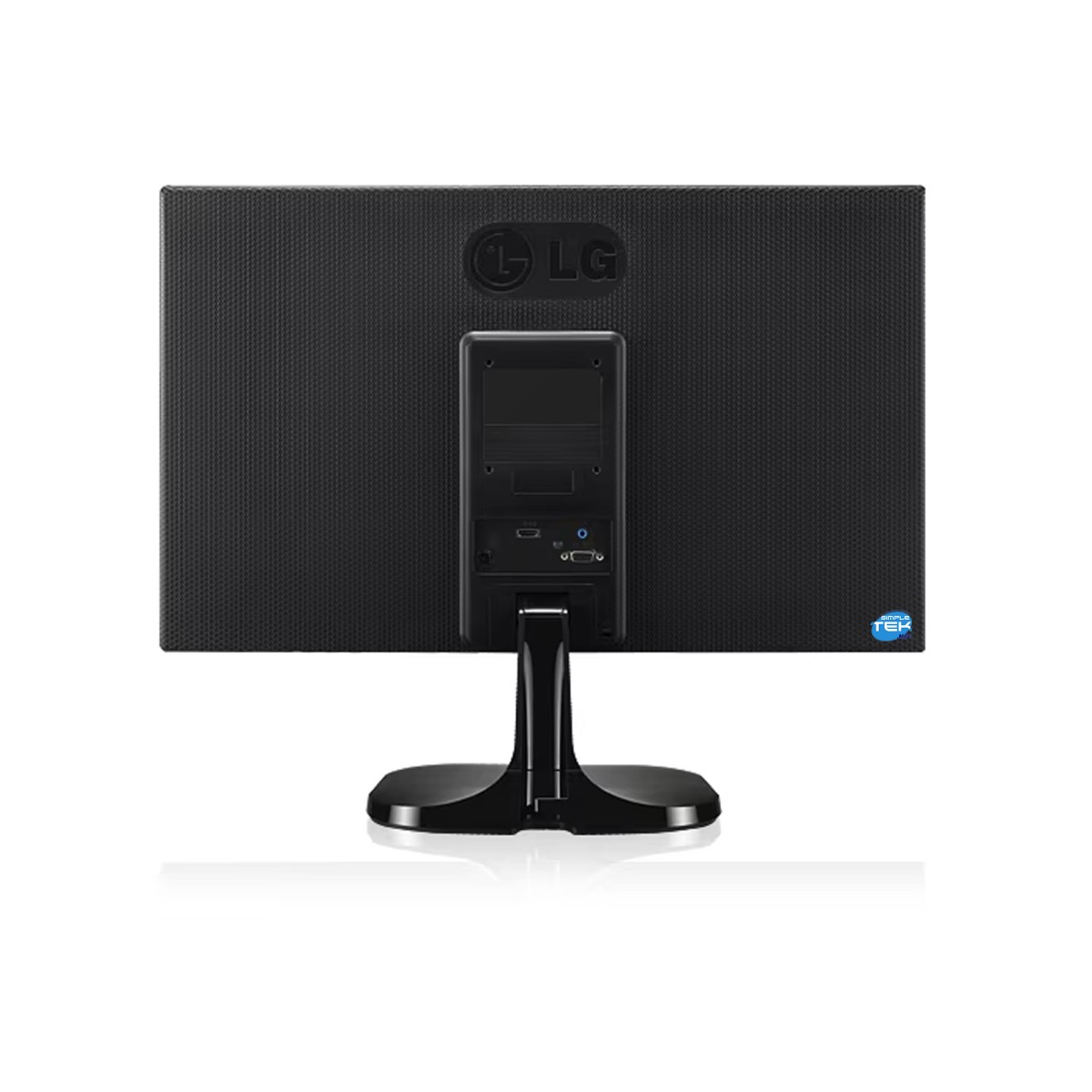 Vista posteriore di un monitor per computer LG nero con supporto regolabile e varie porte visibili.