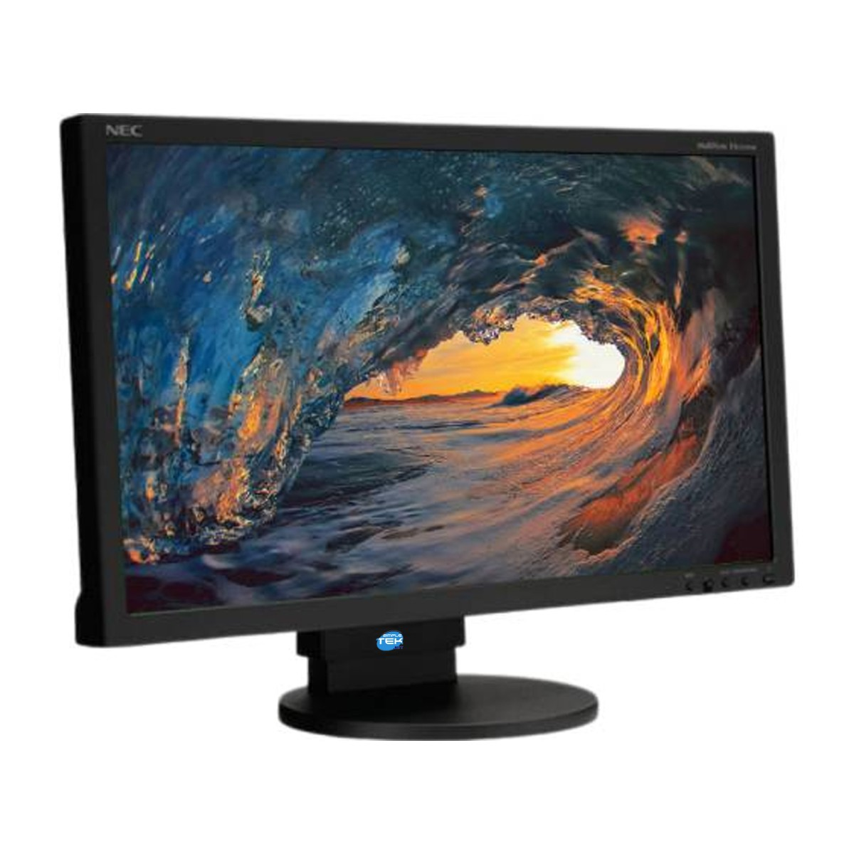 Un monitor per computer NEC nero che mostra una vivace onda oceanica al tramonto su sfondo bianco.