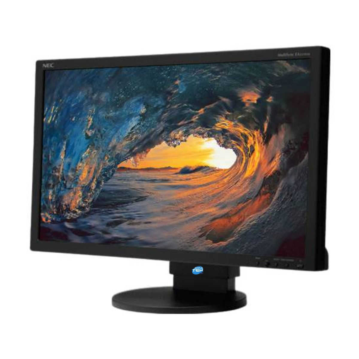 Un monitor per computer nero mostra un'onda con uno sfondo al tramonto.