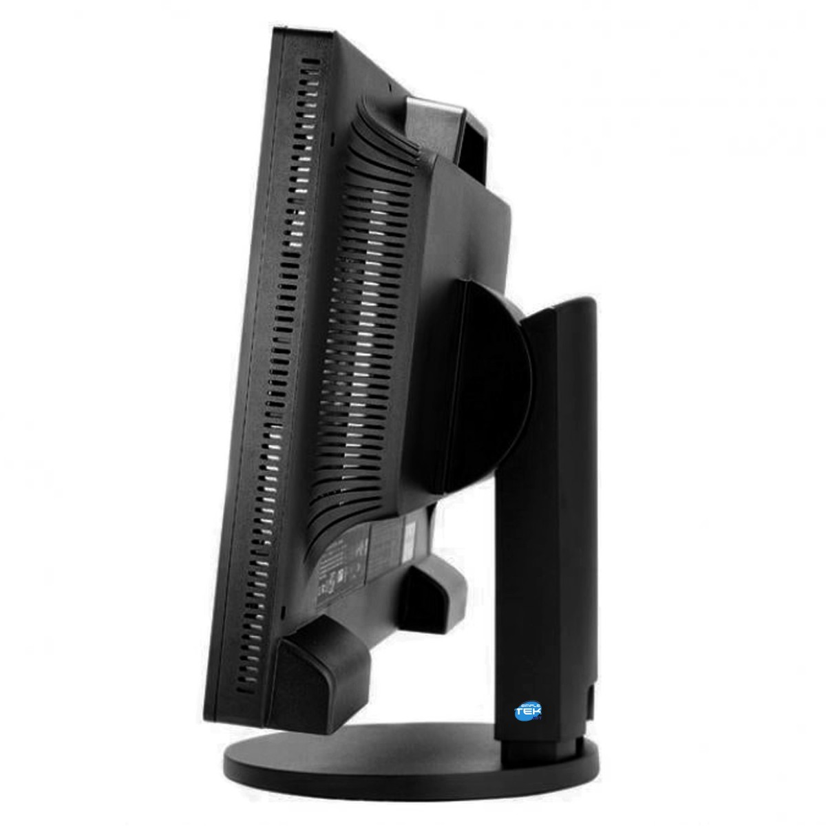 Vista posteriore di un monitor per computer nero con una robusta base su sfondo bianco.
